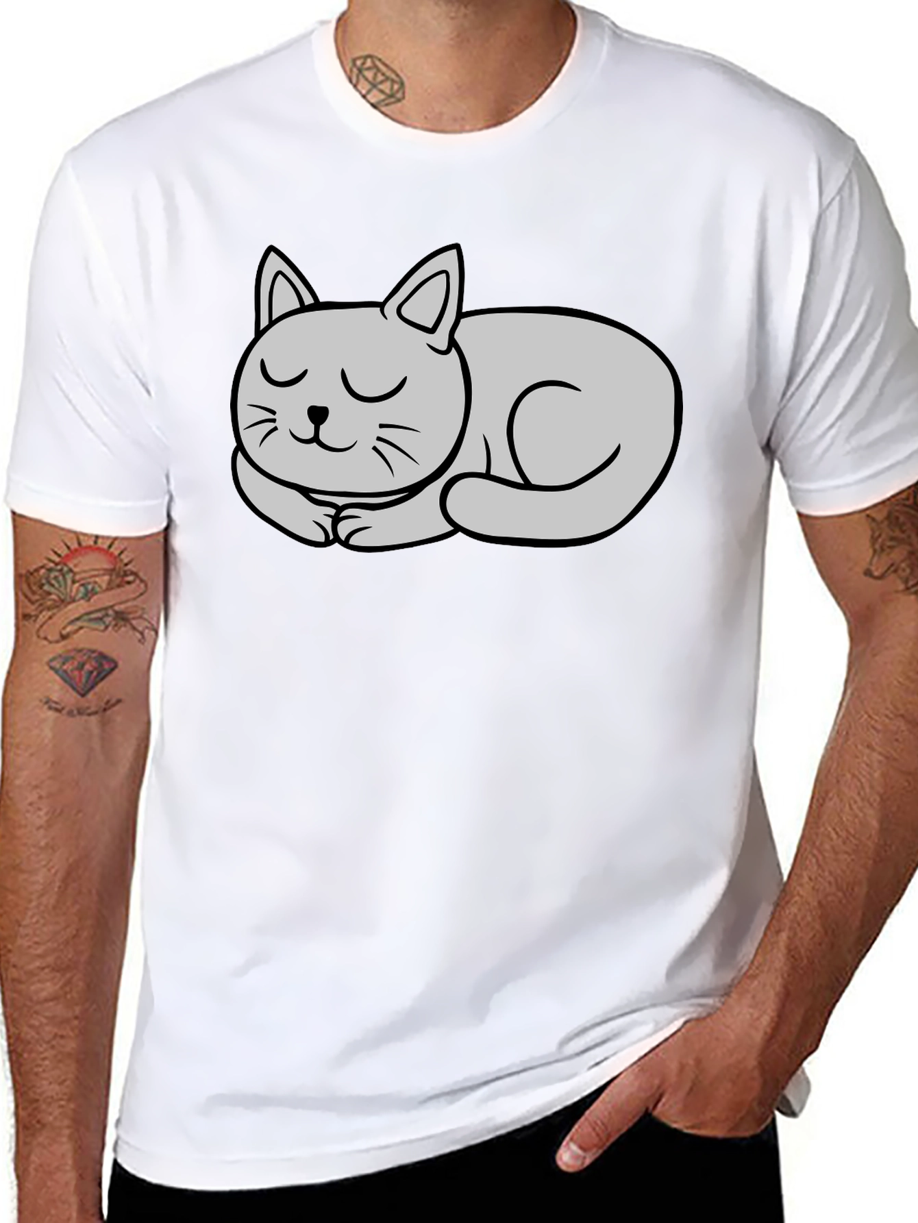 Black T-Shirt with Cute Sleeping Cat Graphic