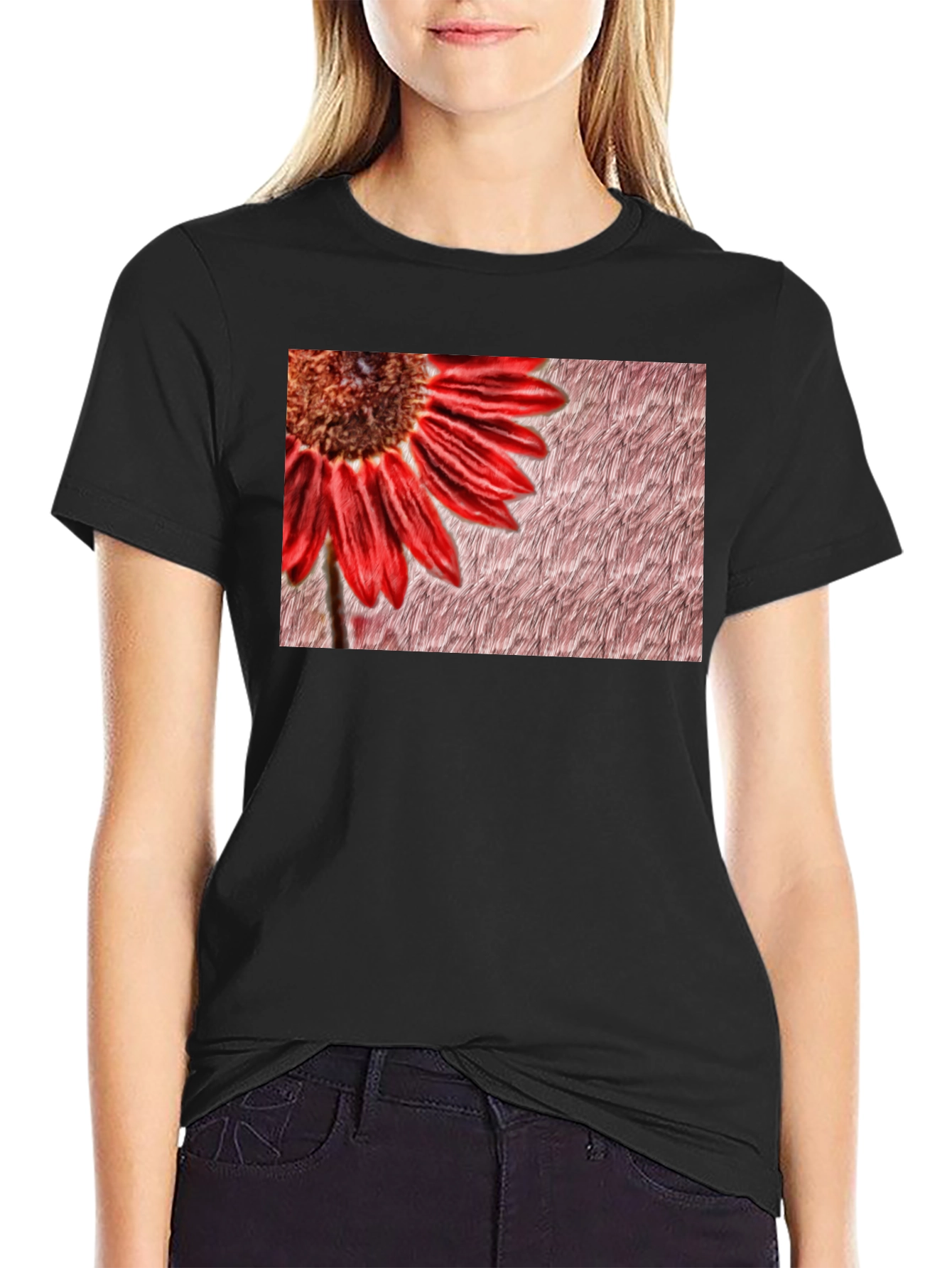 Red Flower Graphic Print Black Tee