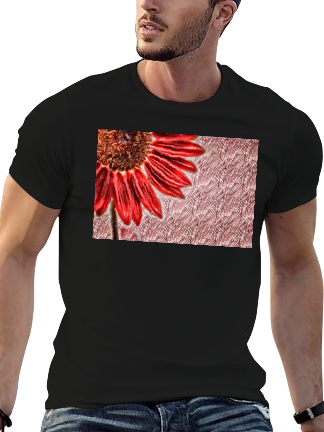 Red Flower Graphic Print Black Tee