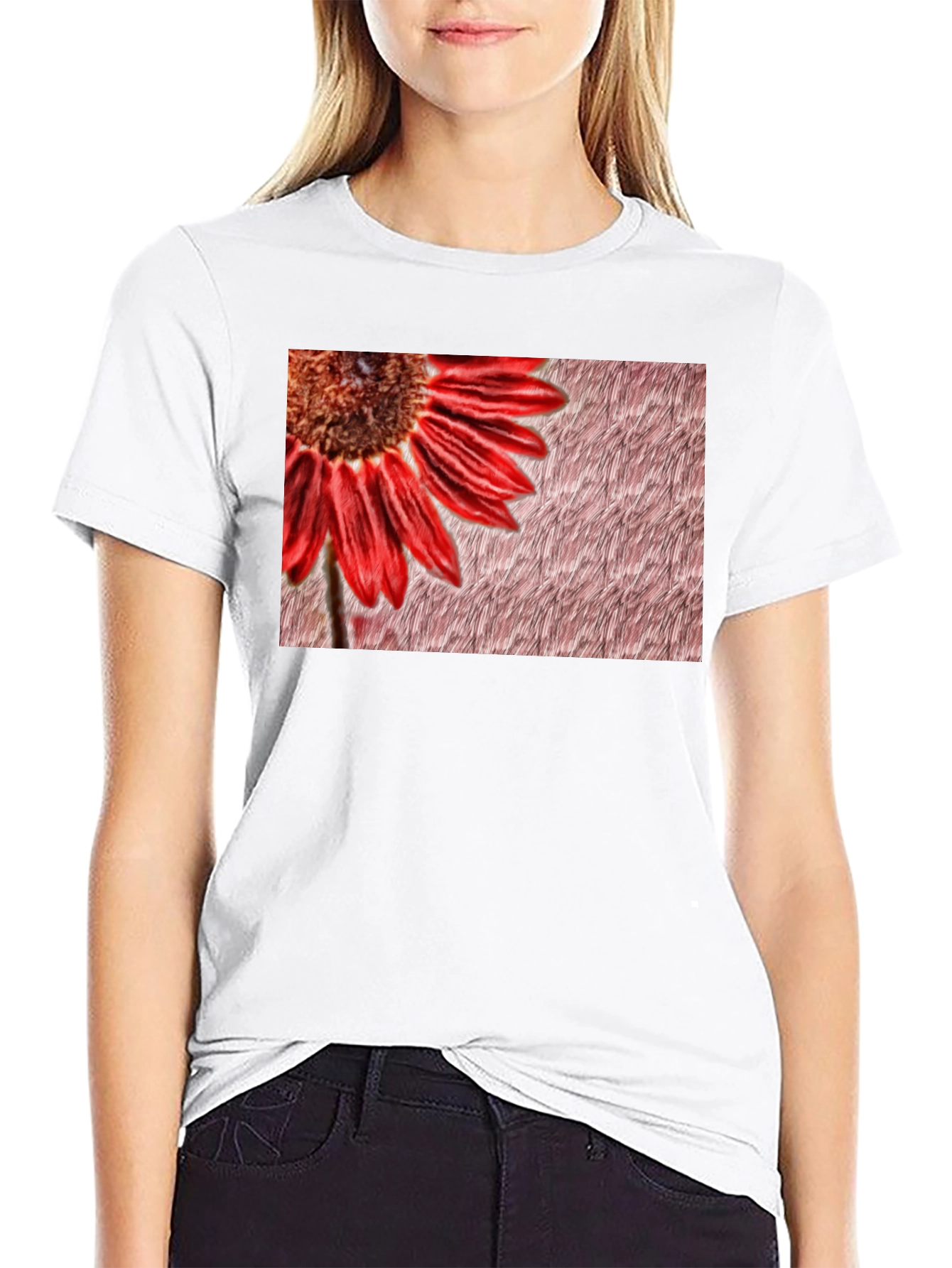 Red Flower Graphic Print Black Tee