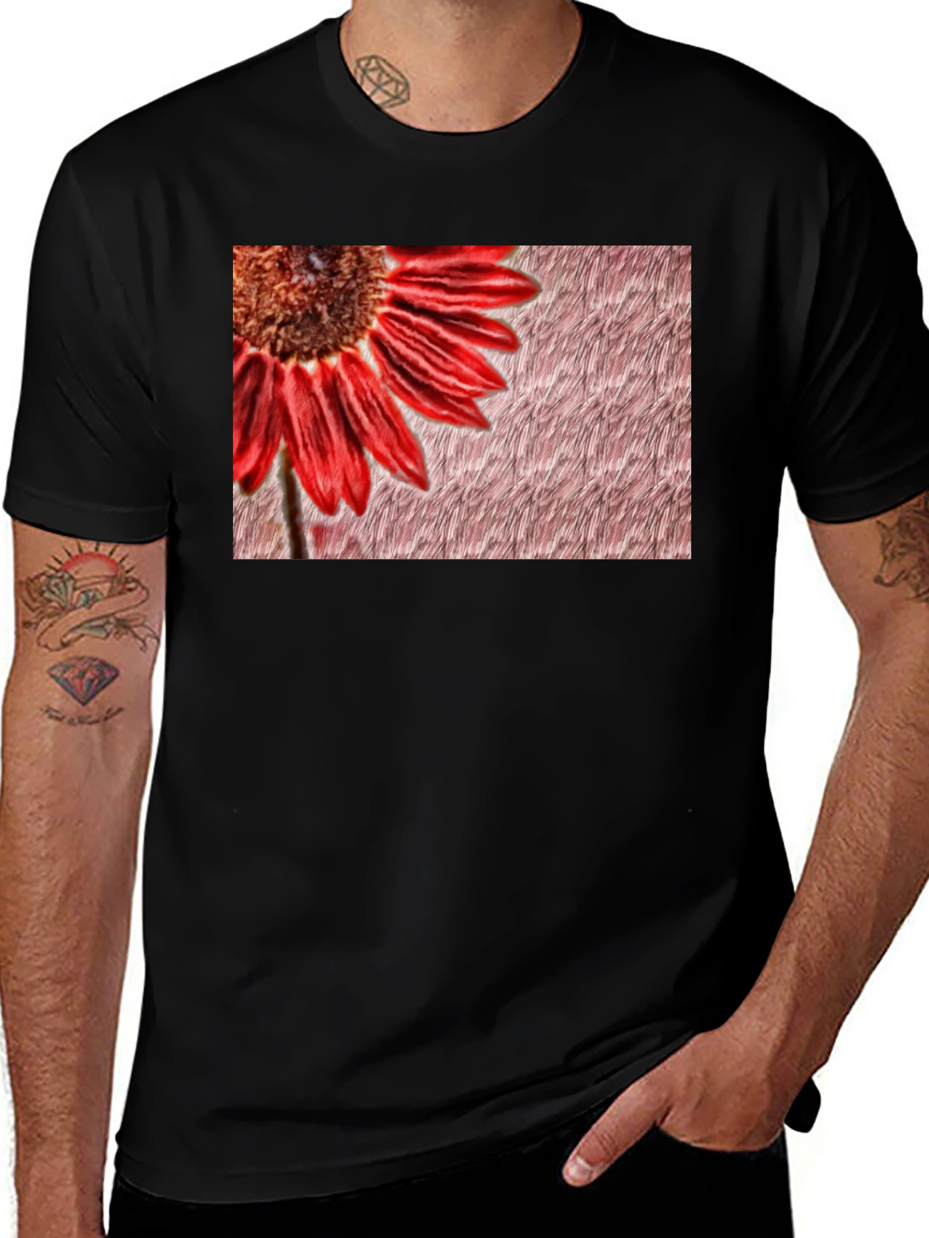 Red Flower Graphic Print Black Tee