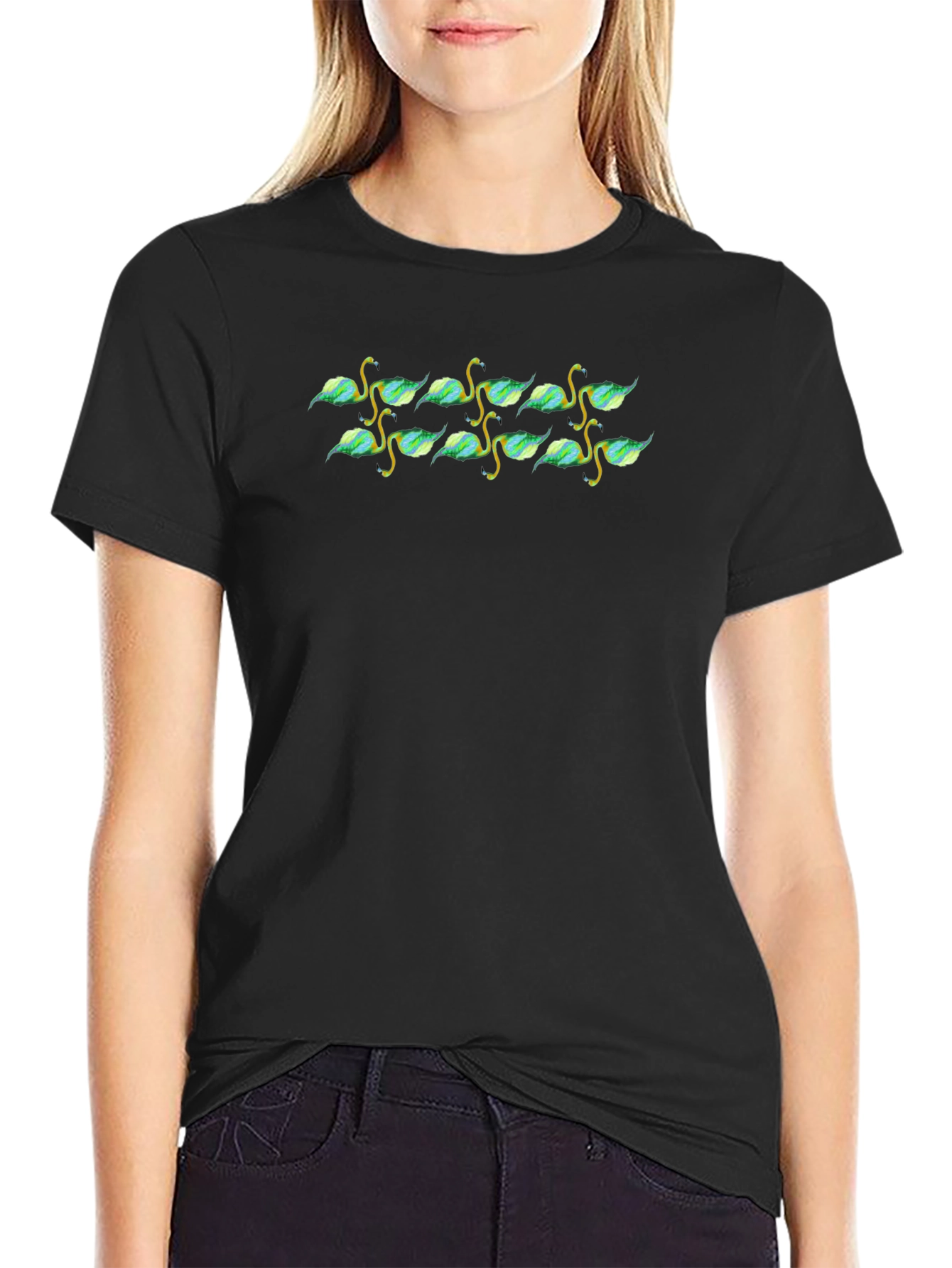 Nature Patterned Black Crew Neck T-Shirt