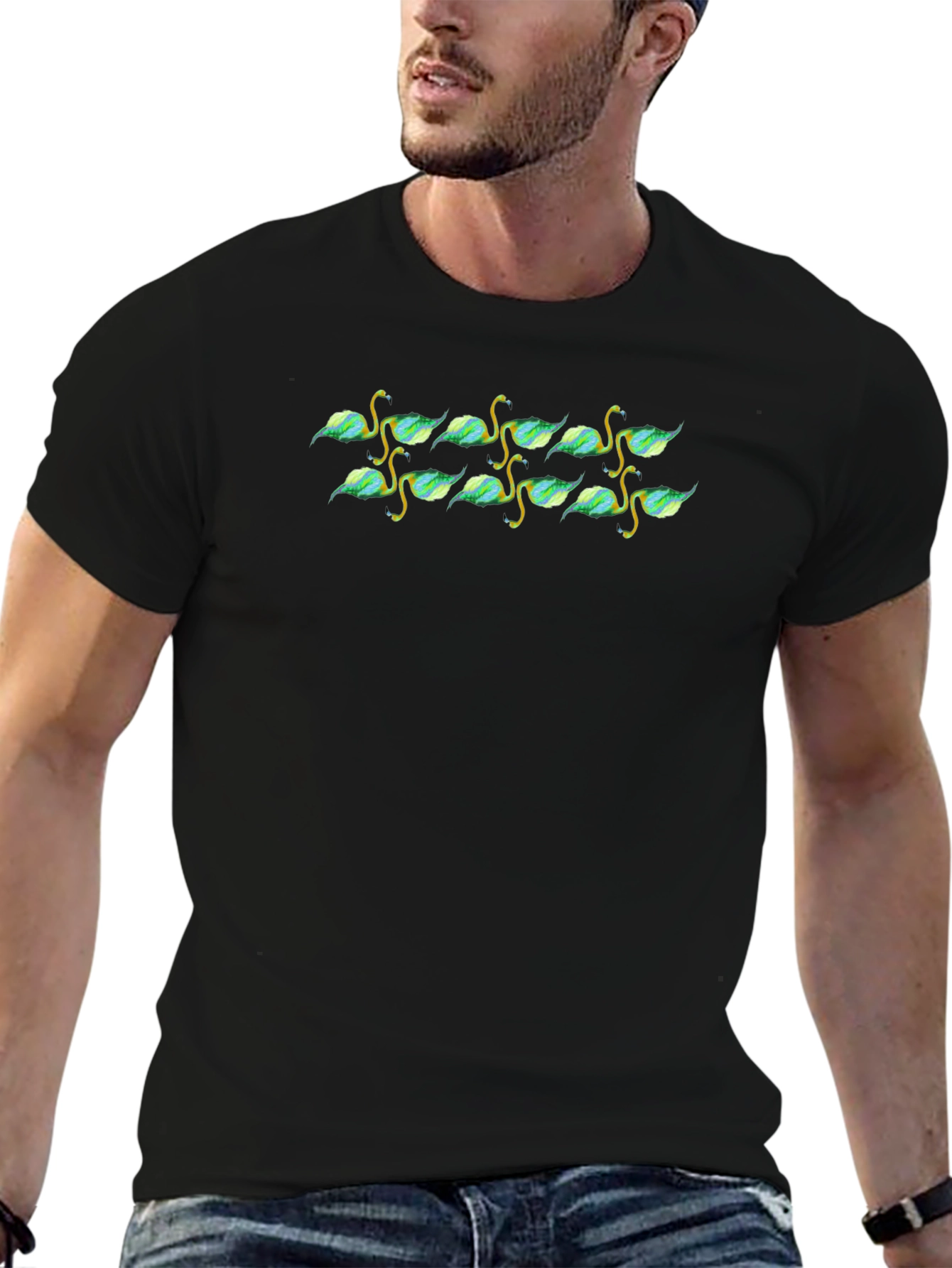 Nature Patterned Black Crew Neck T-Shirt
