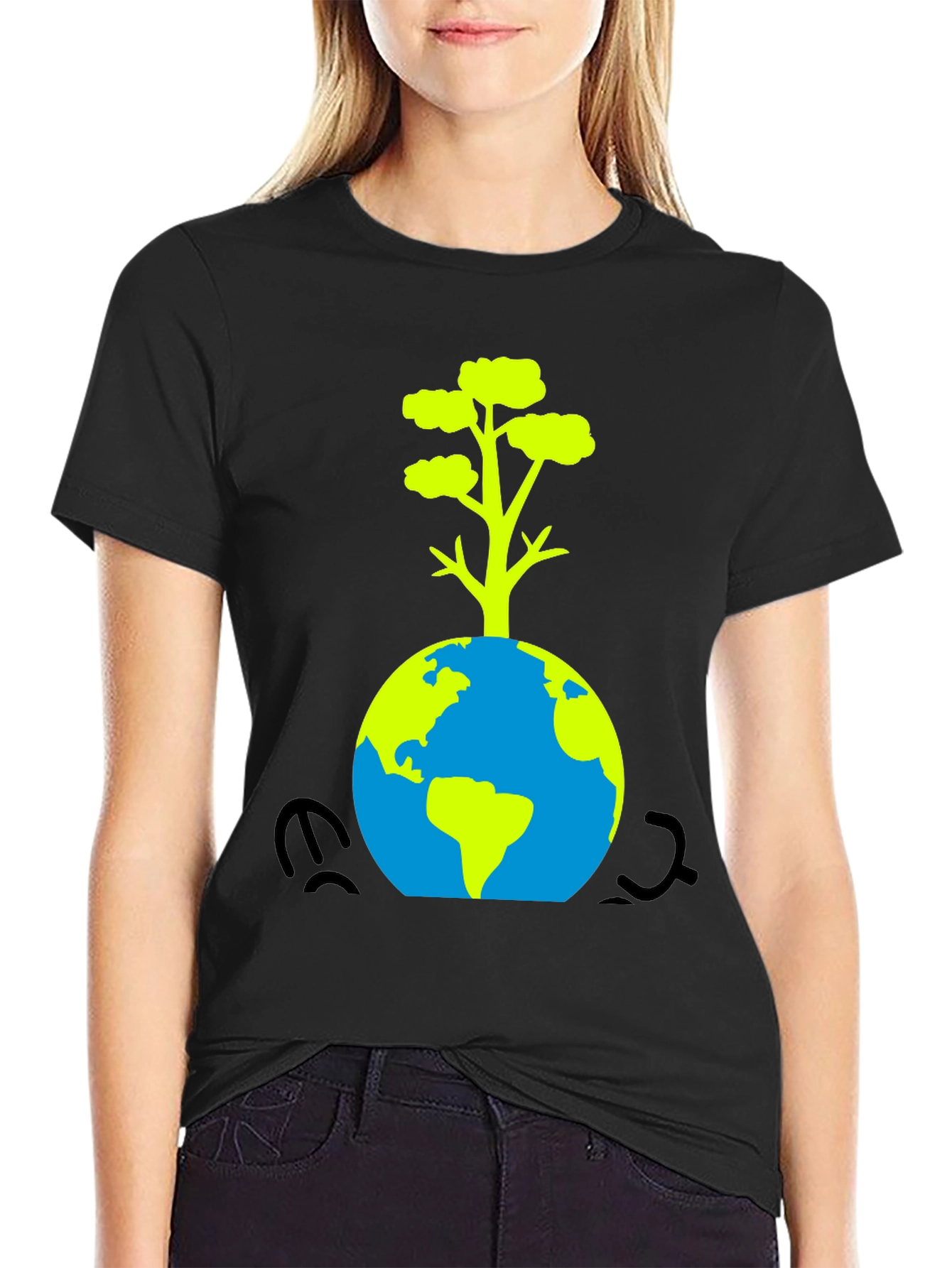 Eco-Friendly Black T-Shirt: Earth & Tree Design
