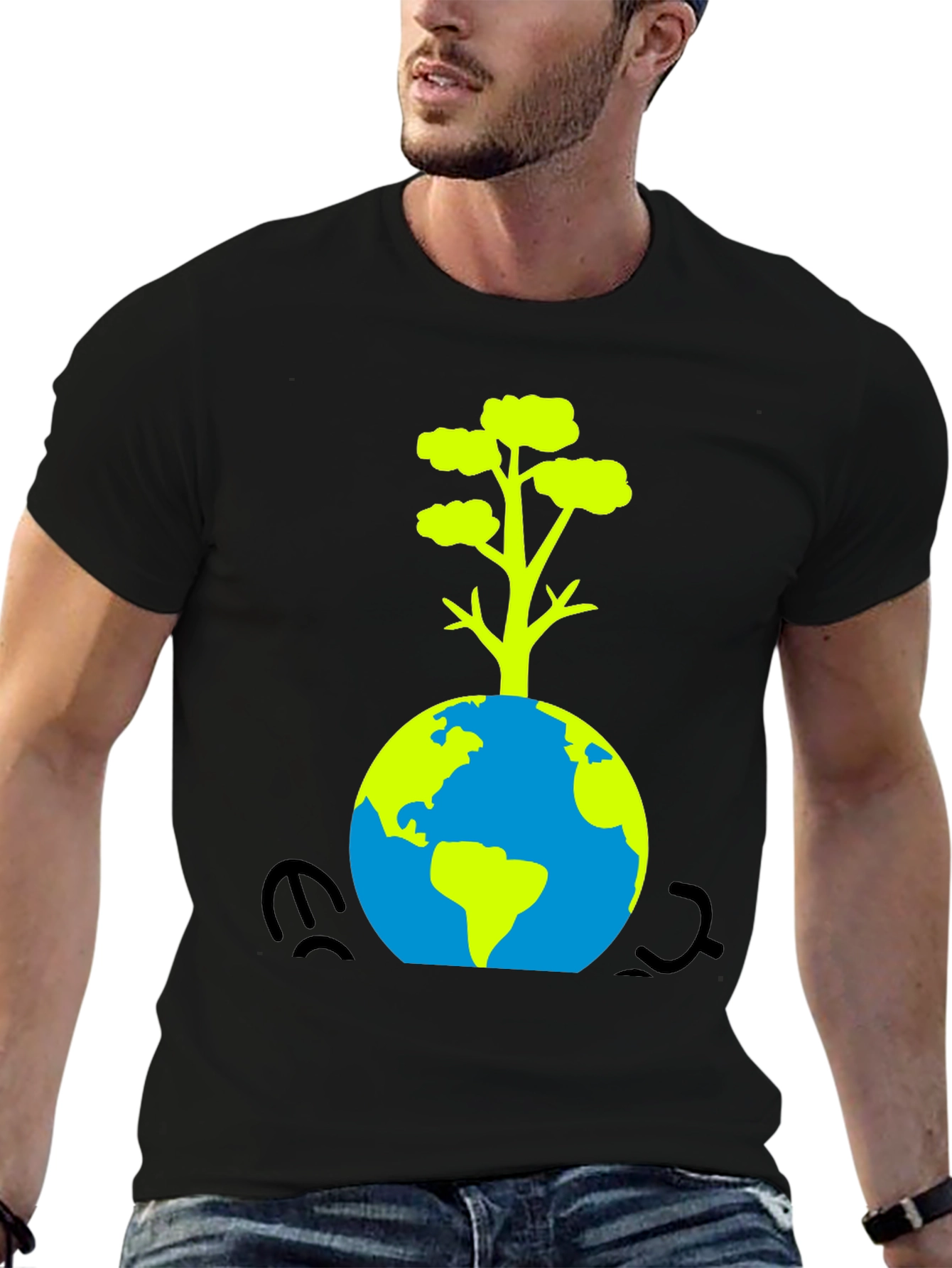 Eco-Friendly Black T-Shirt: Earth & Tree Design