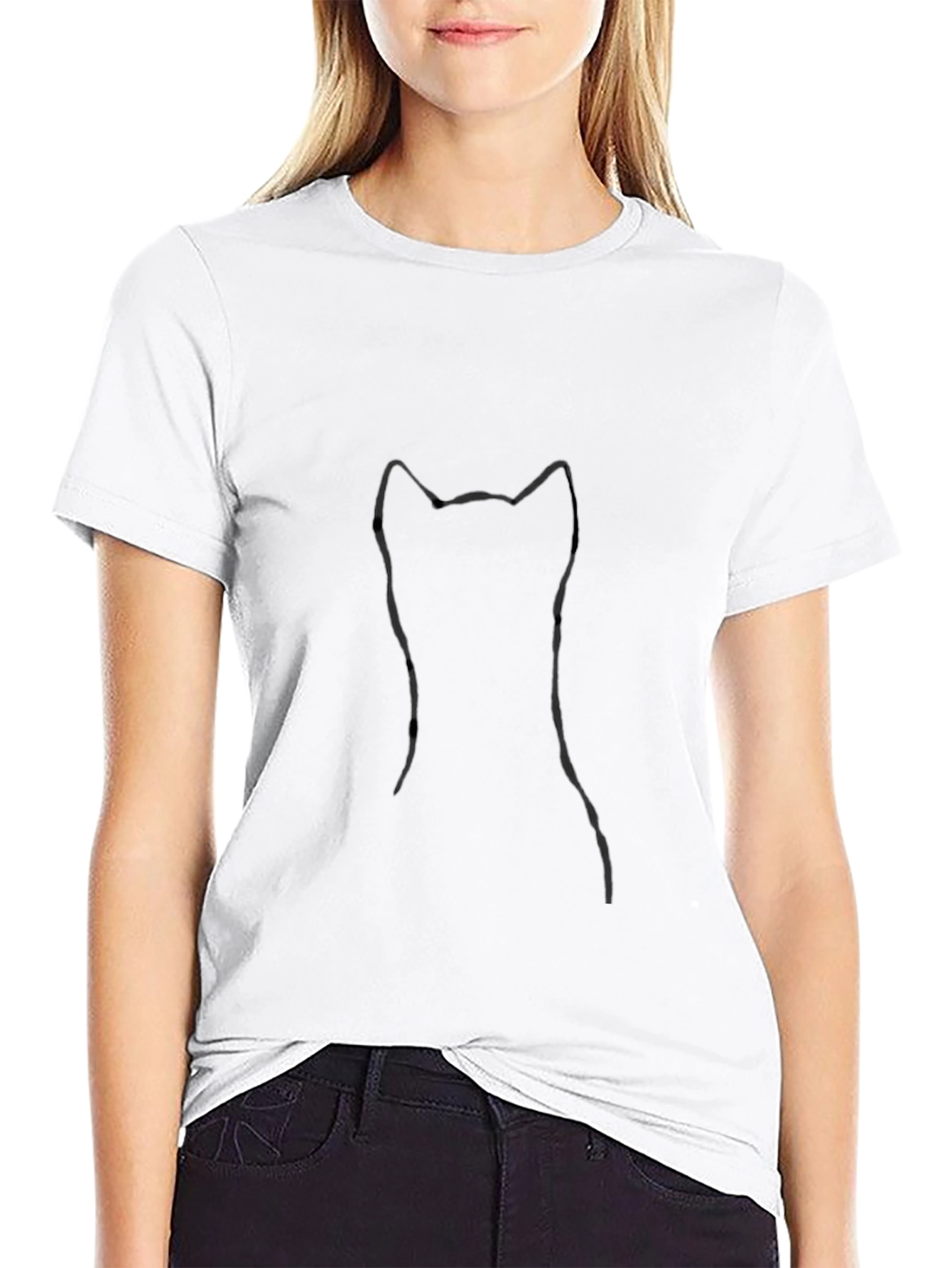 Minimalist Cat Outline Black T-Shirt
