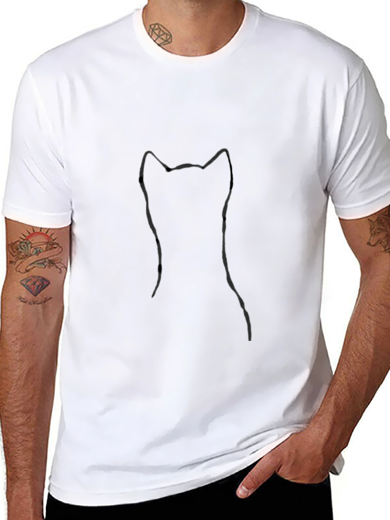 Minimalist Cat Outline Black T-Shirt