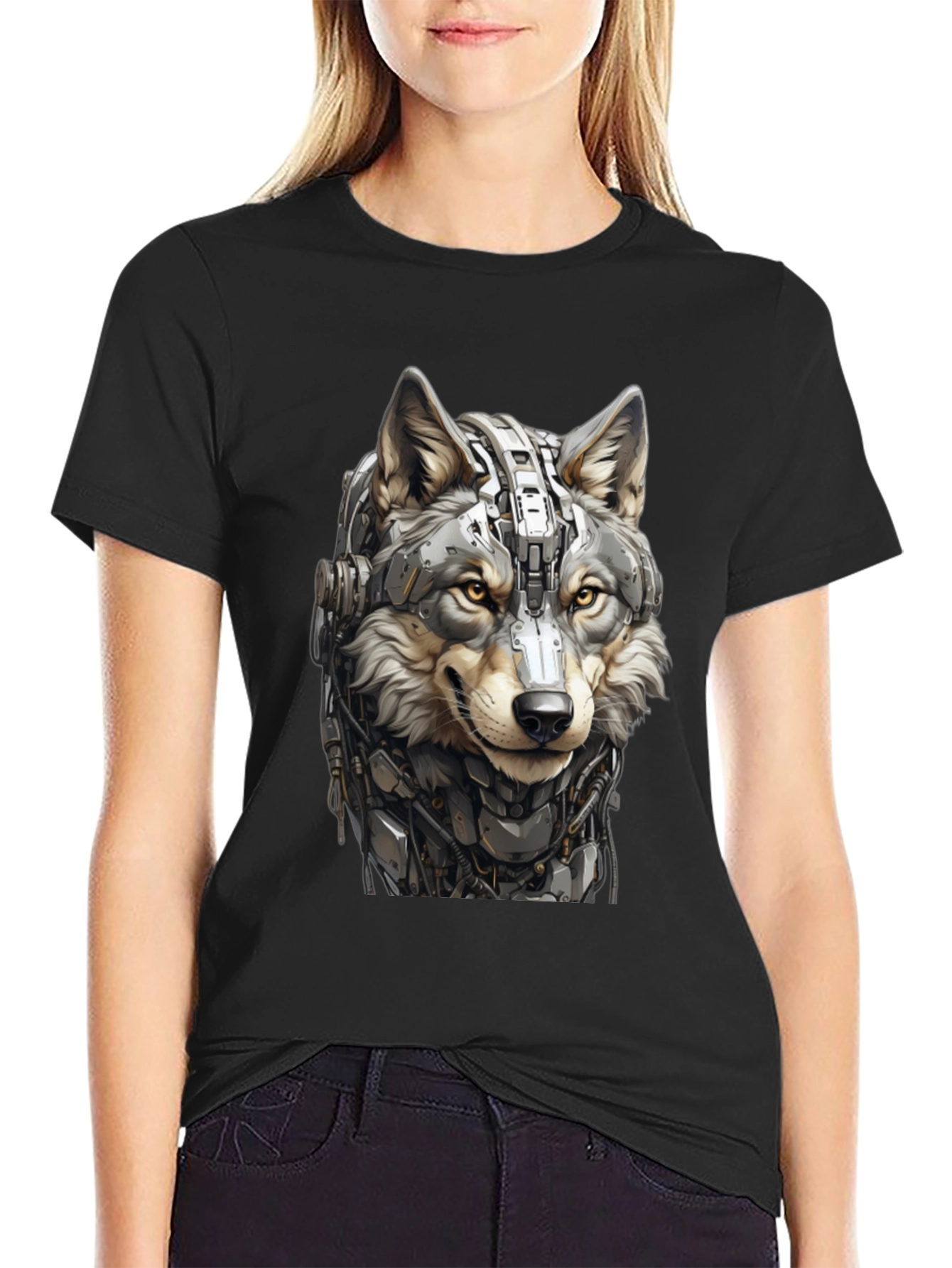 Cyber Wolf Graphic Tee - Black Cotton T-Shirt