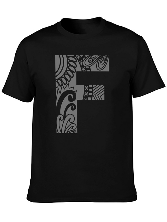 Tribal Pattern F Letter Black T-Shirt