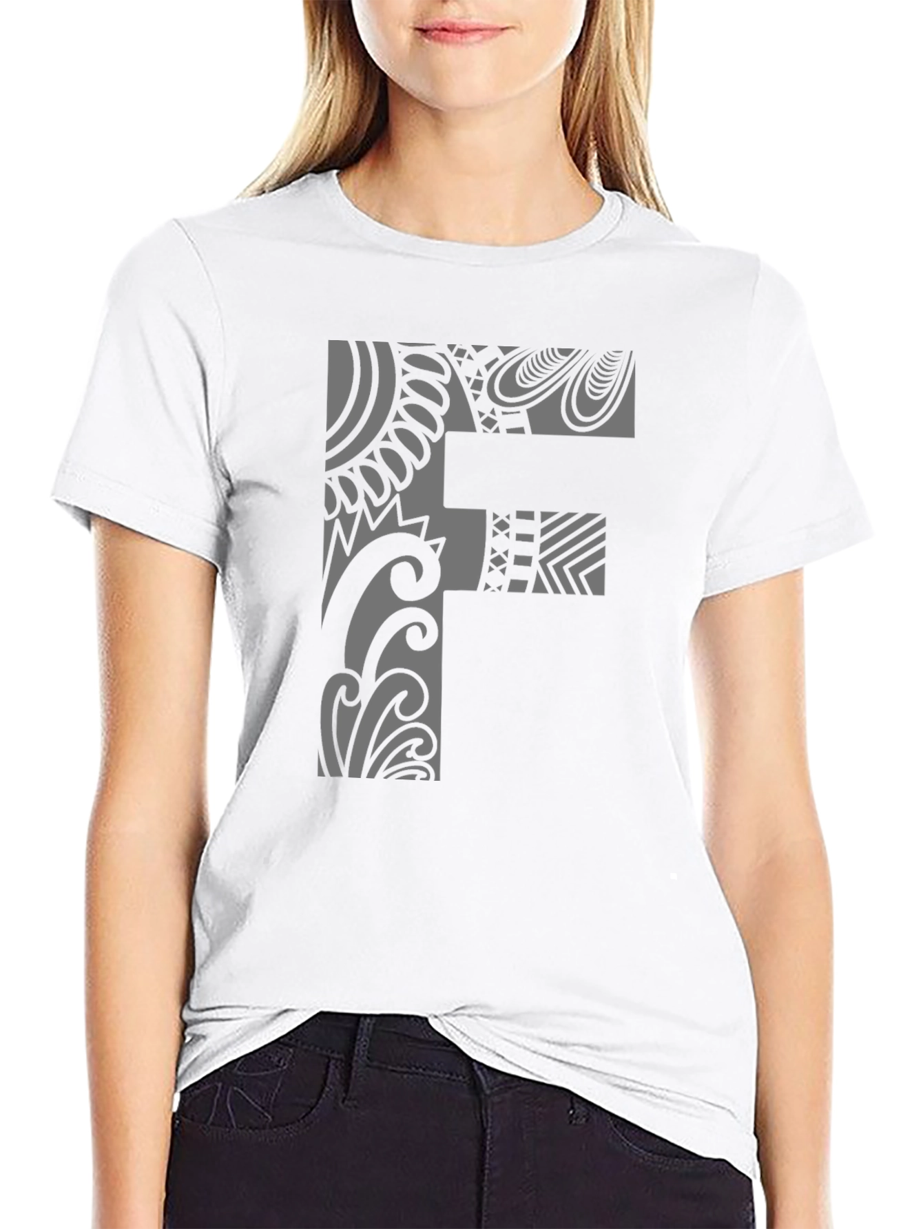 Tribal Pattern F Letter Black T-Shirt
