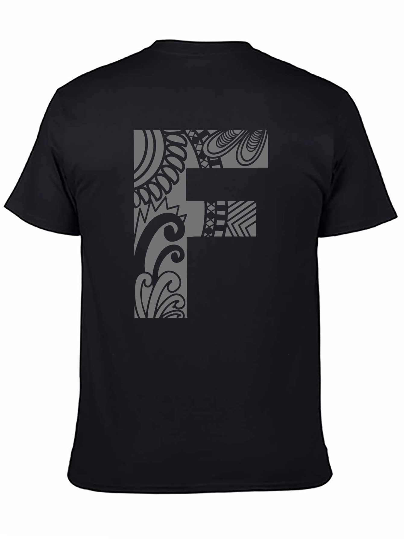 Tribal Pattern F Letter Black T-Shirt