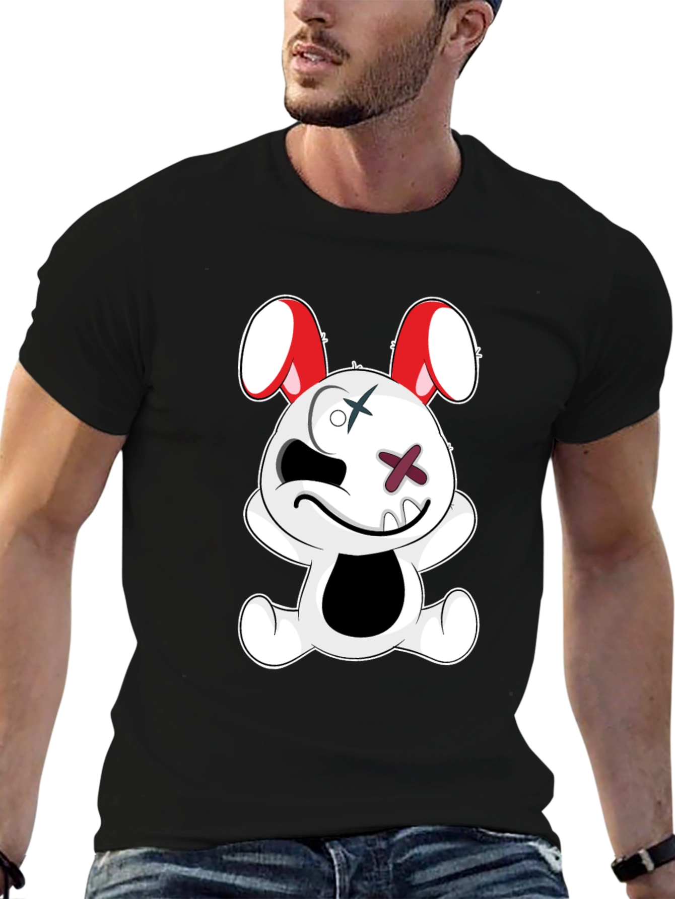 Black Tee with Cartoon Bunny Graphic