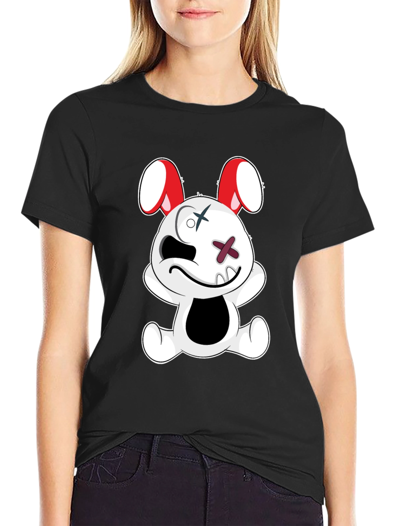 Black Tee with Cartoon Bunny Graphic