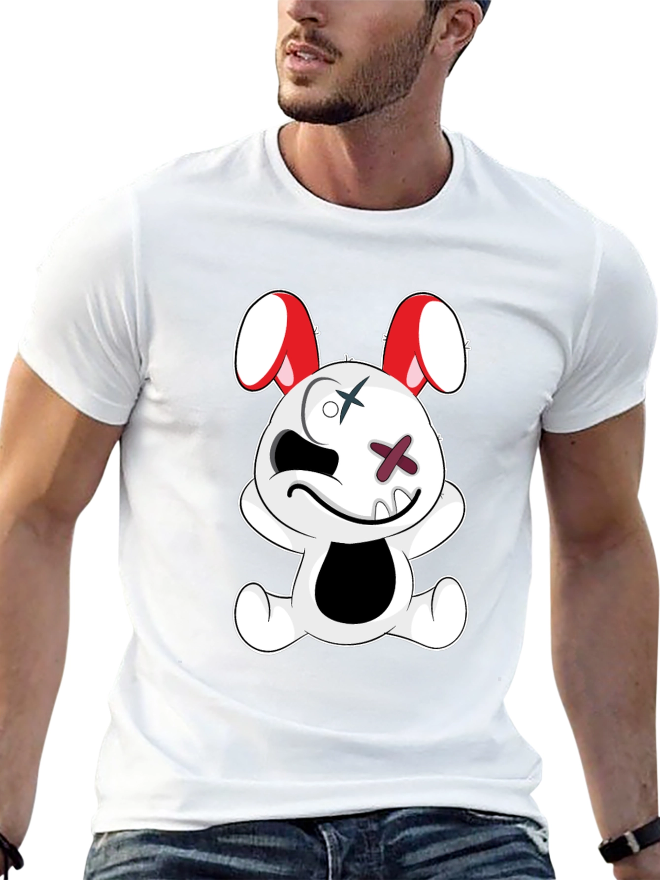 Black Tee with Cartoon Bunny Graphic