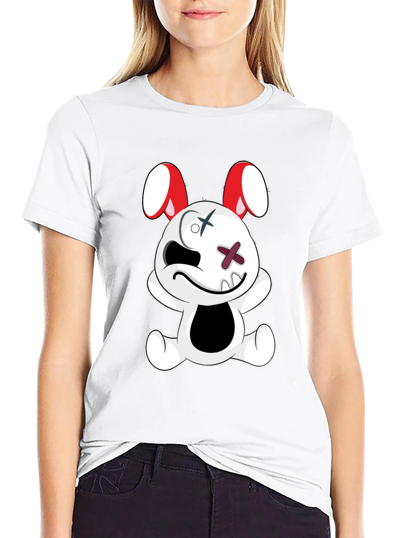 Black Tee with Cartoon Bunny Graphic