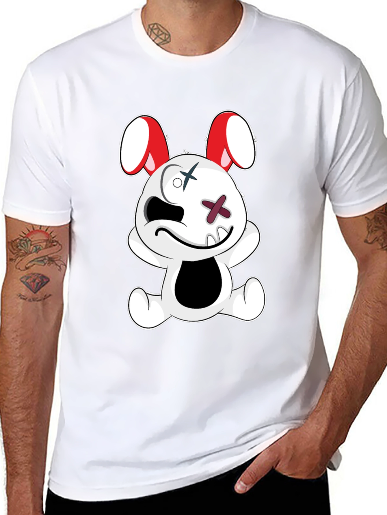 Black Tee with Cartoon Bunny Graphic