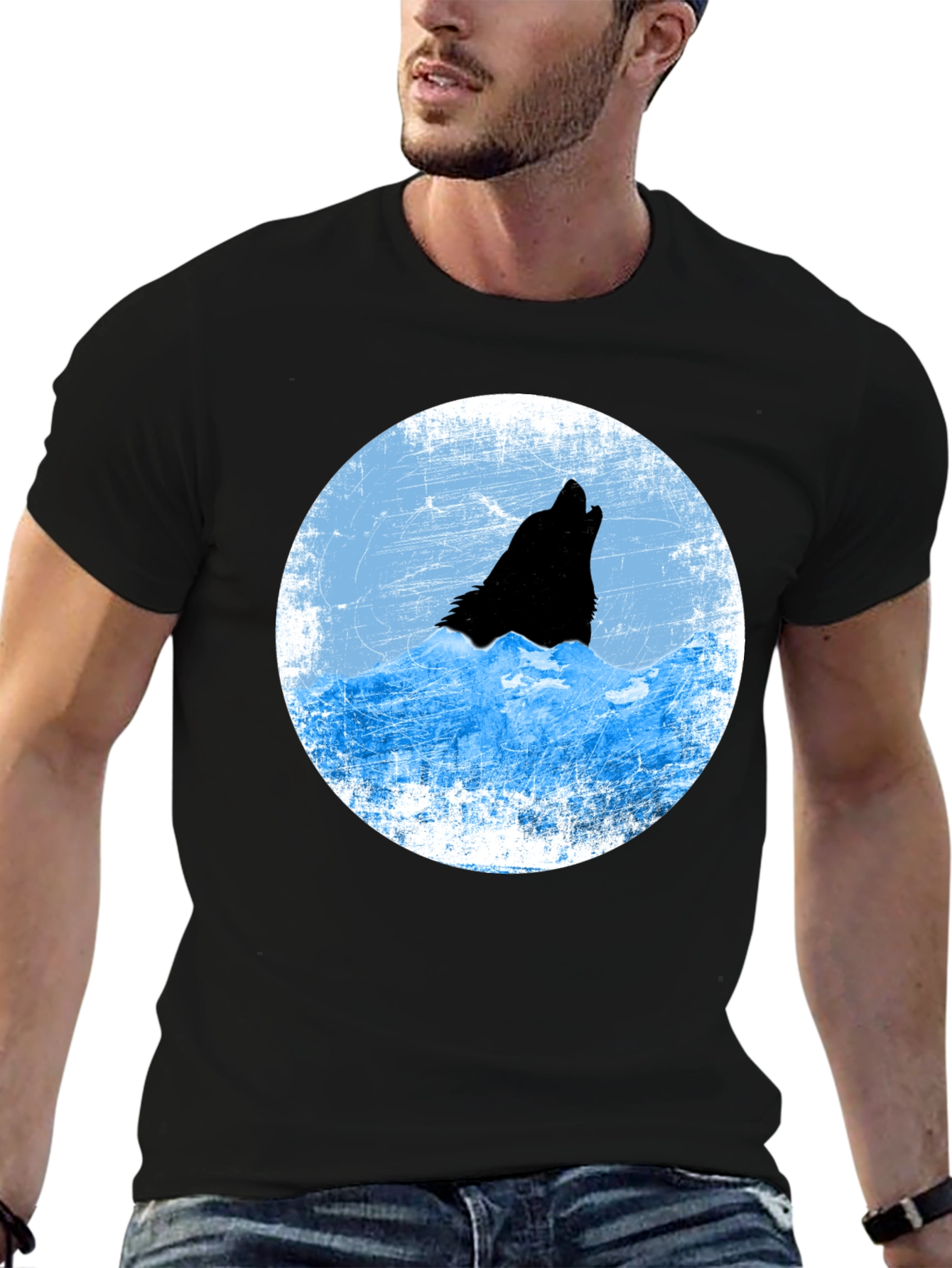 Wolf Howling at Moon Graphic T-Shirt - Black