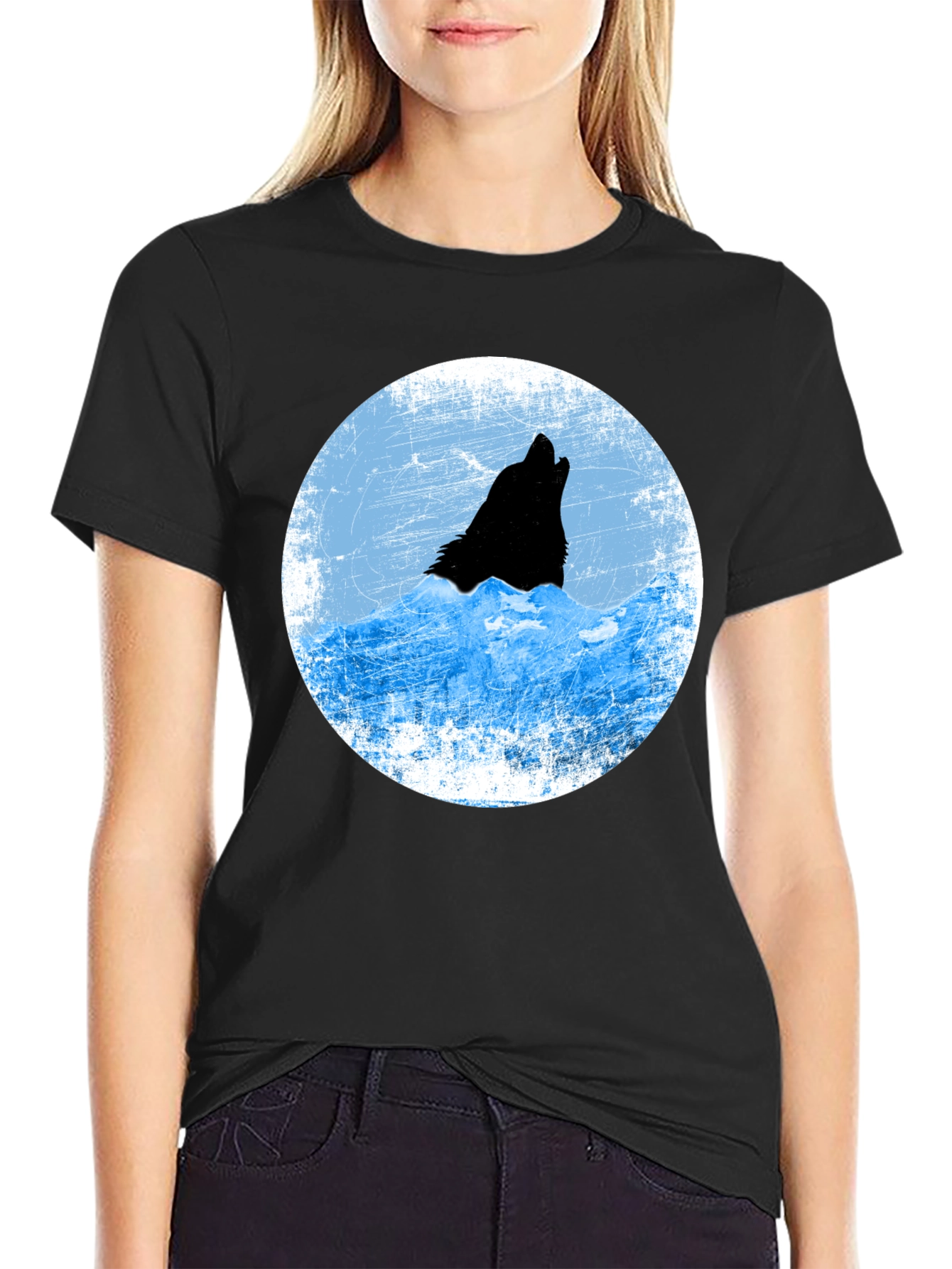 Wolf Howling at Moon Graphic T-Shirt - Black
