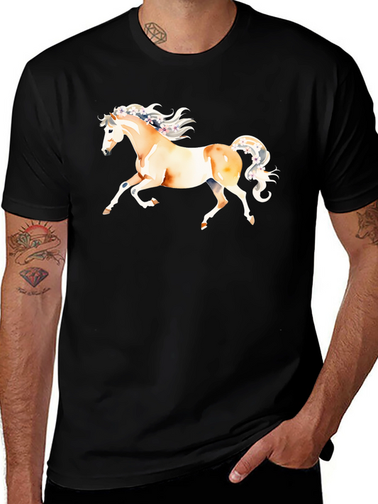 Horse Watercolor Graphic Tee - Black Cotton T-Shirt