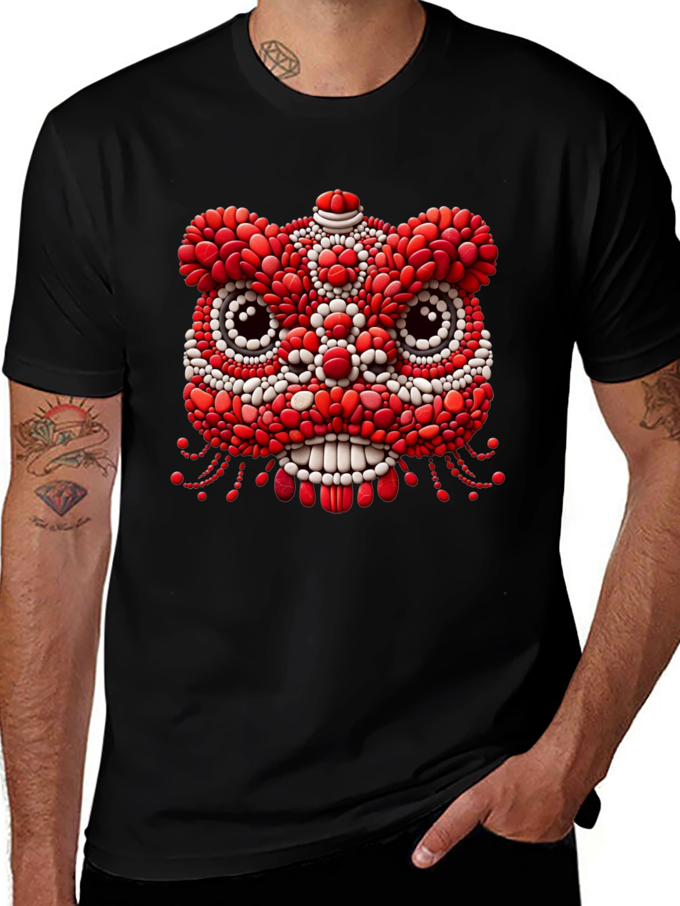 Unique Black T-Shirt with Red & White Lion Design