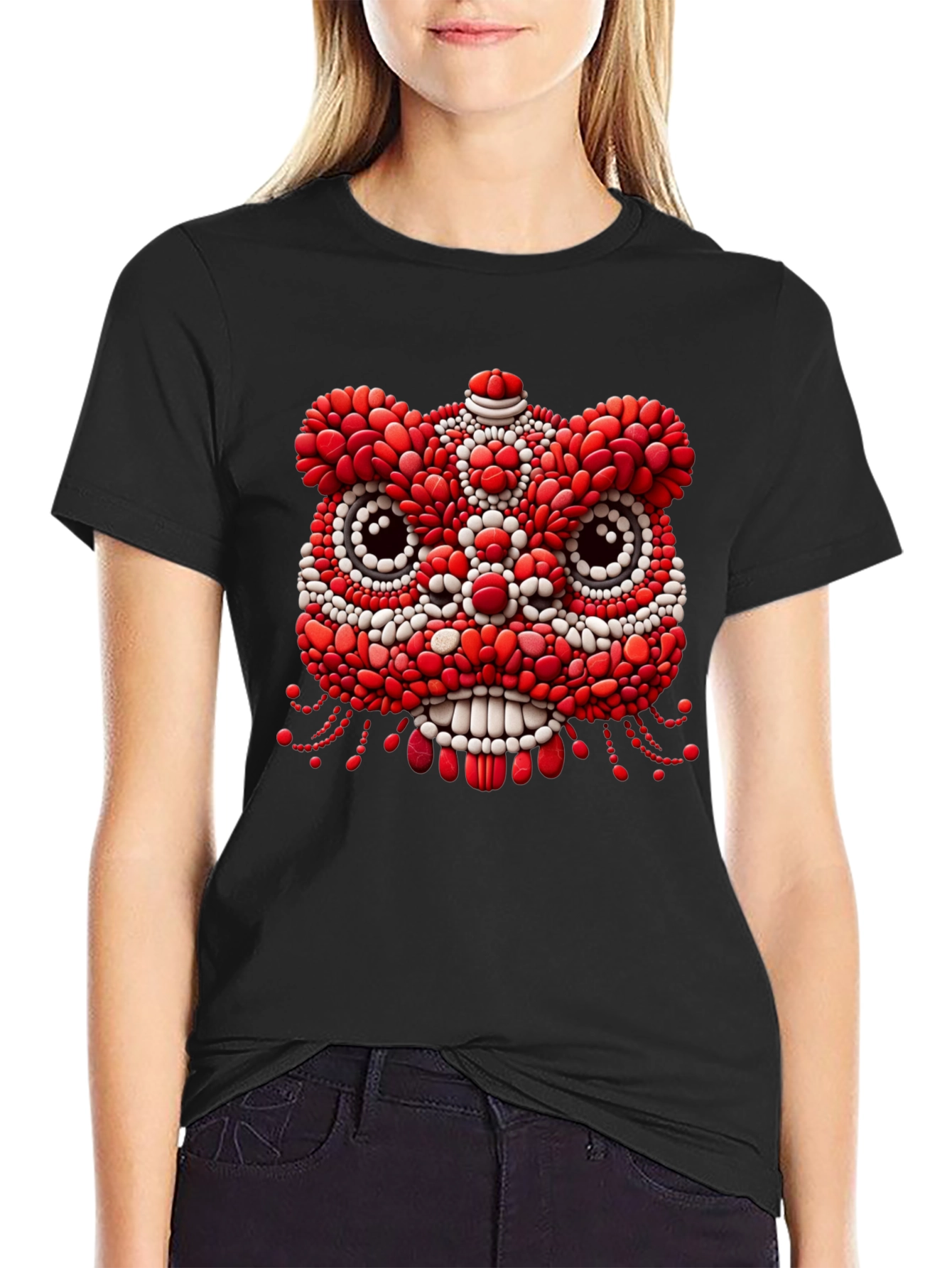 Unique Black T-Shirt with Red & White Lion Design