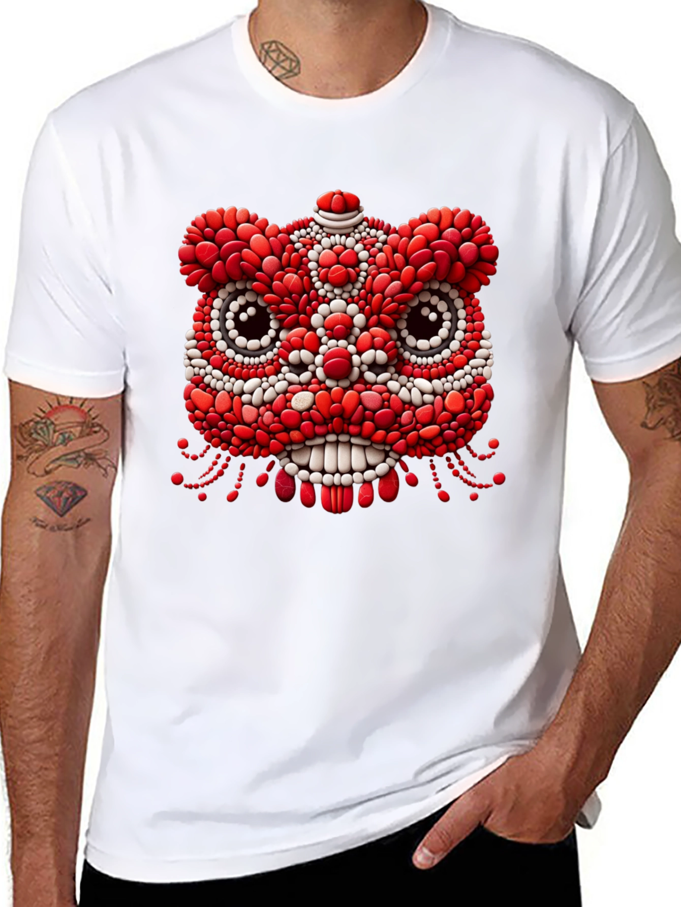 Unique Black T-Shirt with Red & White Lion Design
