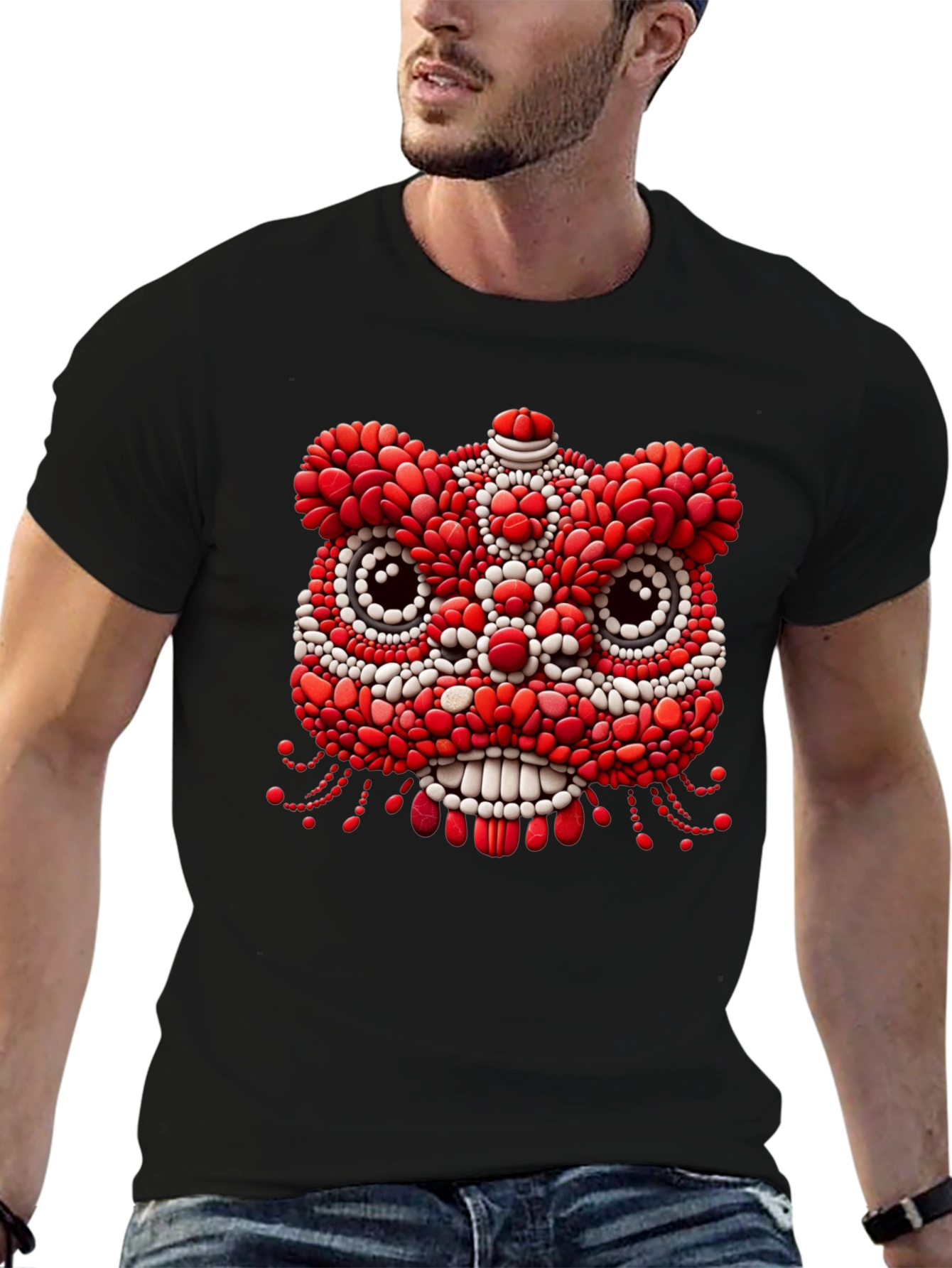 Unique Black T-Shirt with Red & White Lion Design