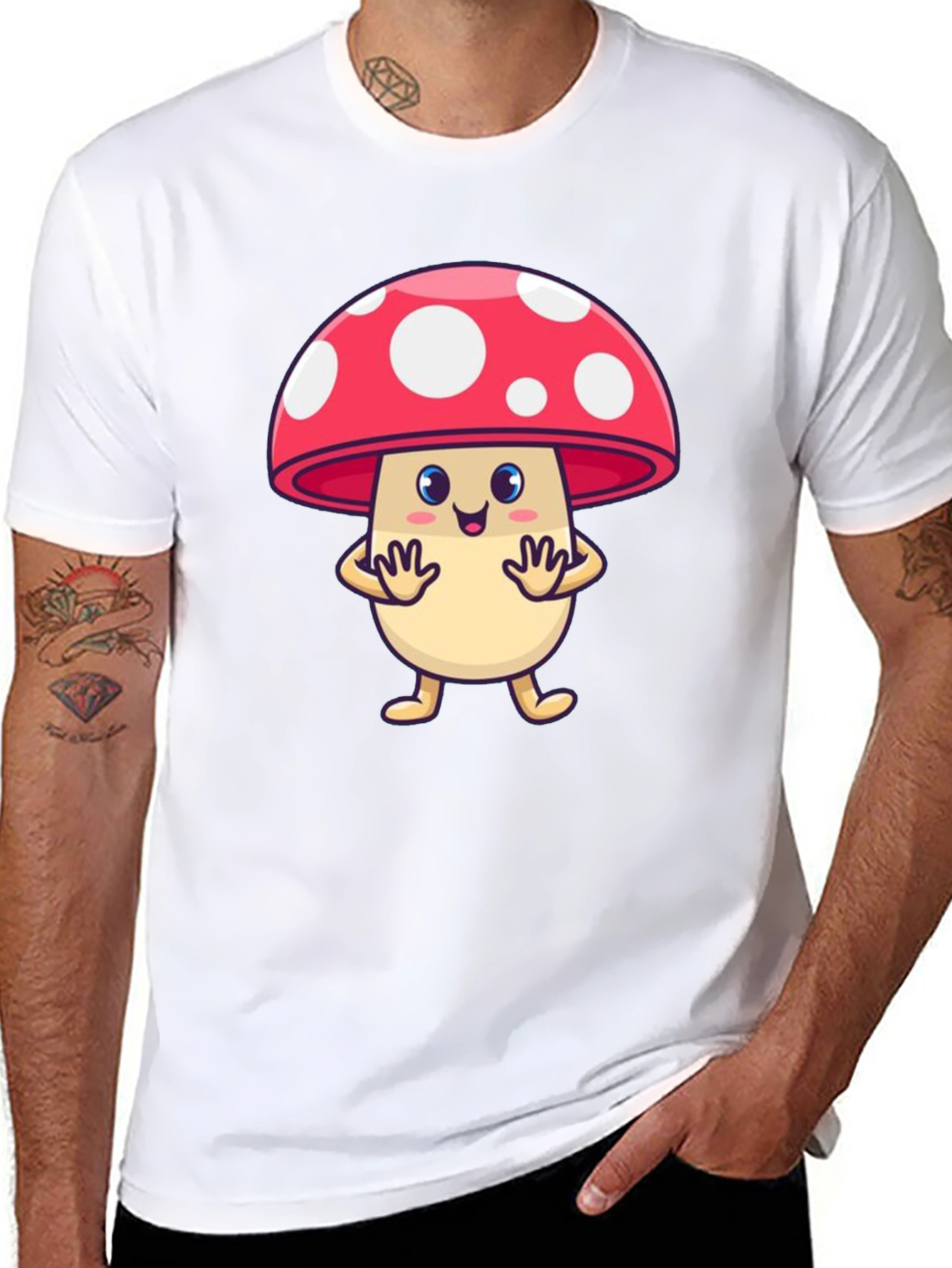Cute Mushroom Cartoon Graphic Tee - Black