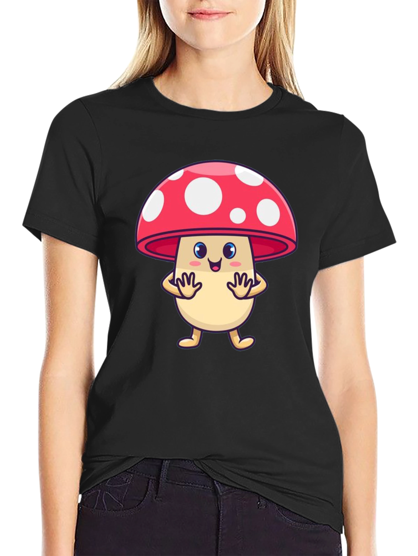 Cute Mushroom Cartoon Graphic Tee - Black