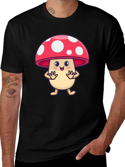Cute Mushroom Cartoon Graphic Tee - Black