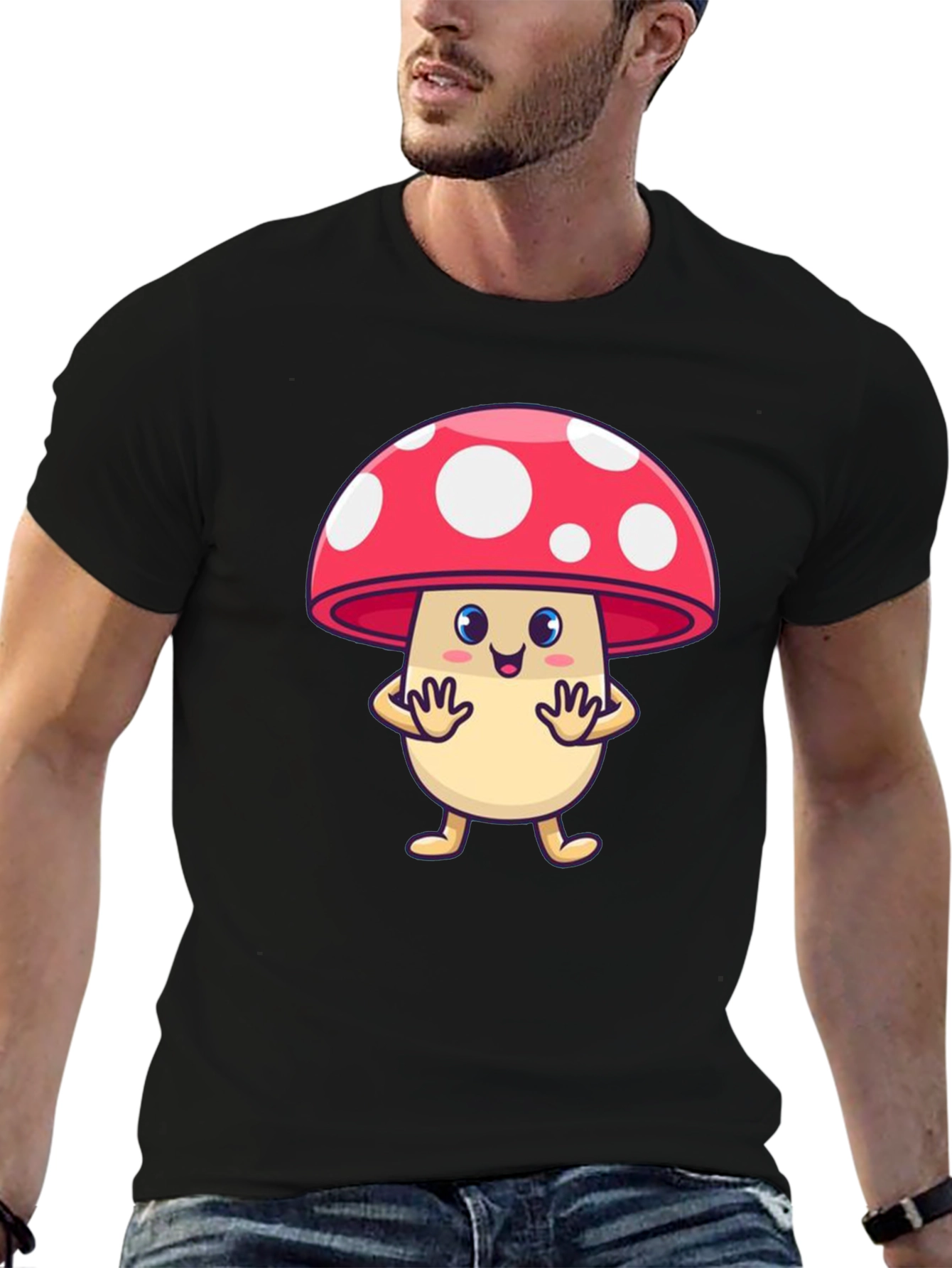 Cute Mushroom Cartoon Graphic Tee - Black