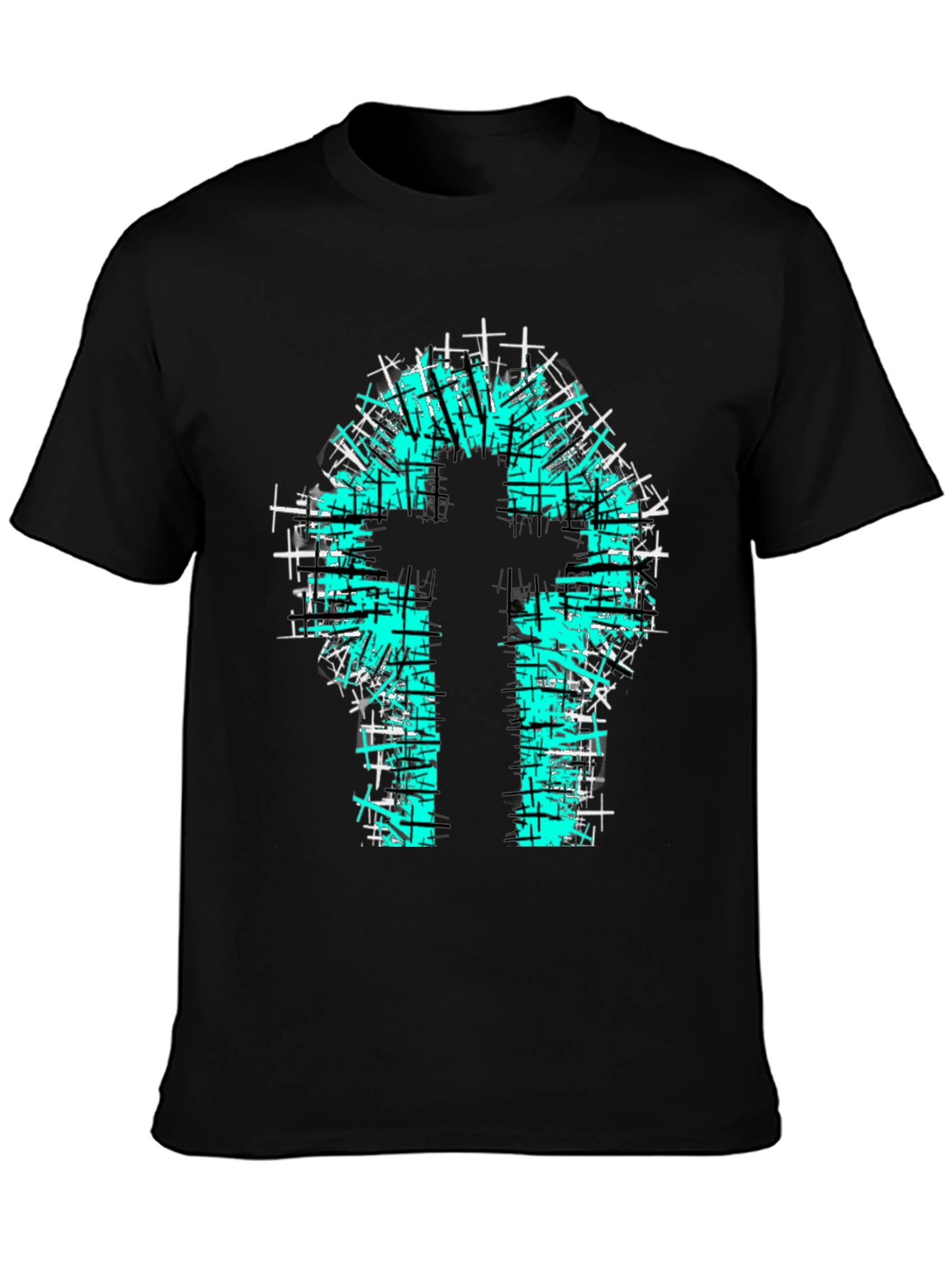 Teal Cross Graphic Print Black T-Shirt