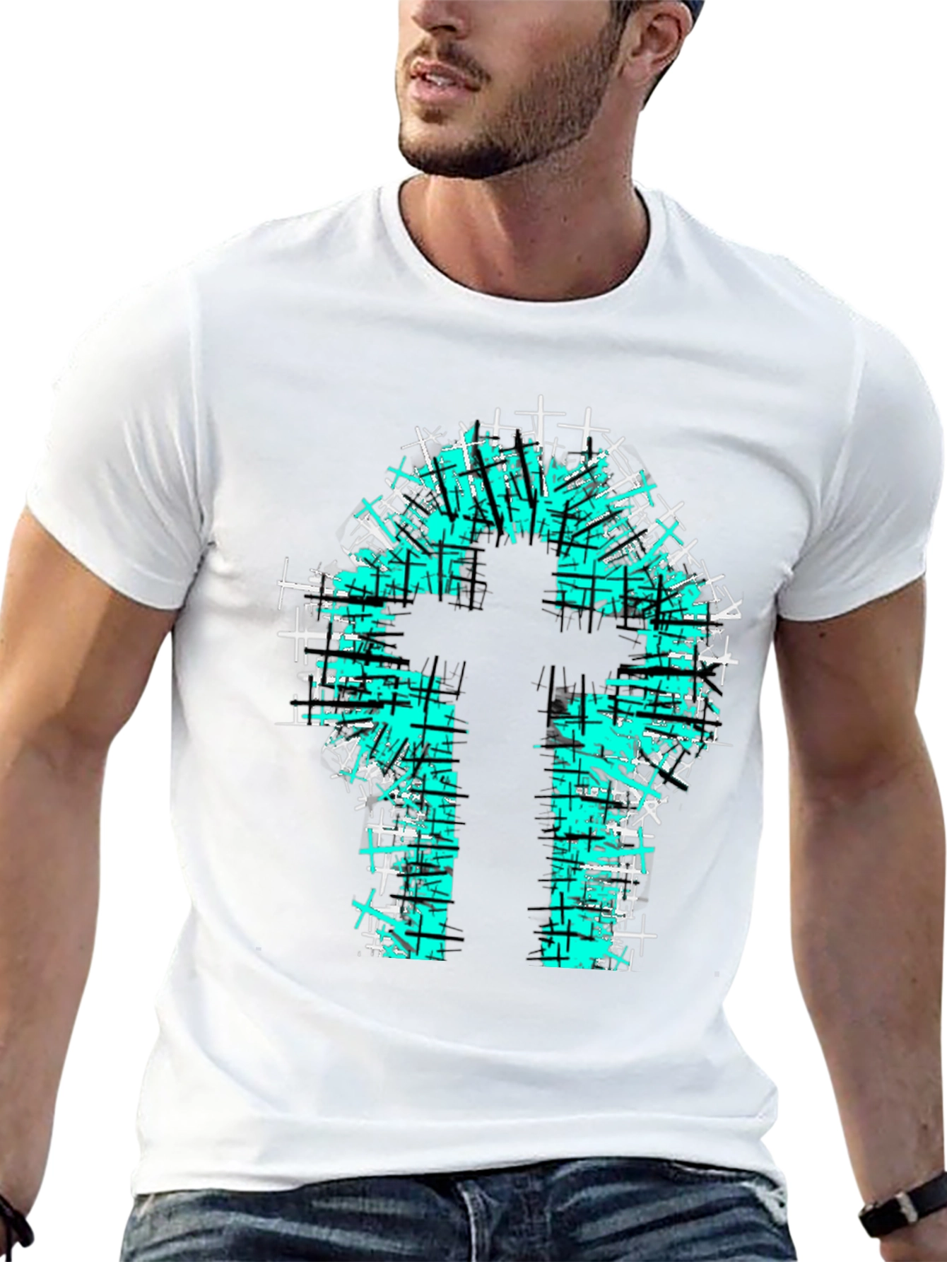 Teal Cross Graphic Print Black T-Shirt