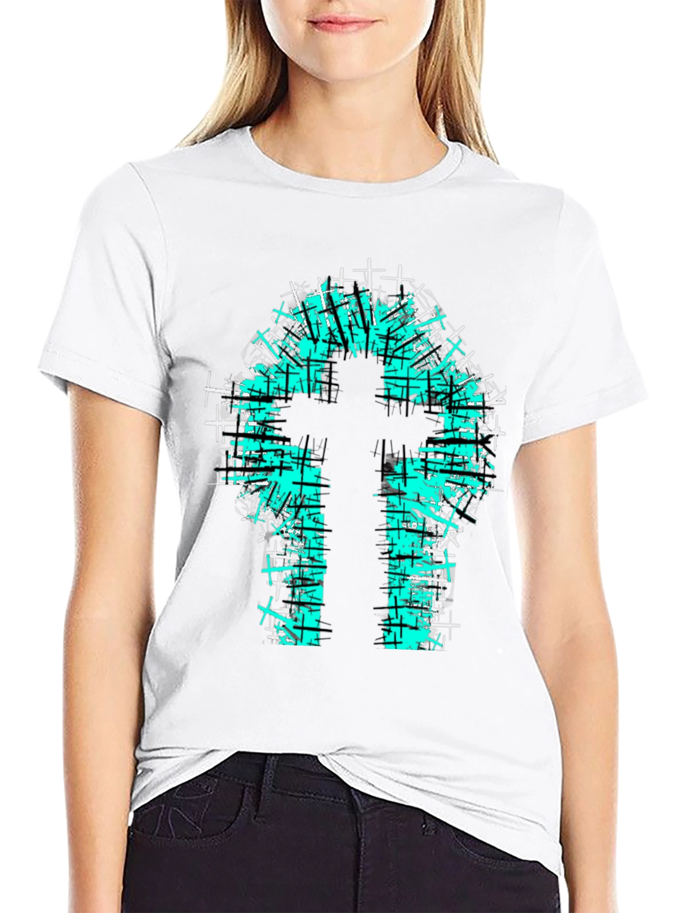 Teal Cross Graphic Print Black T-Shirt