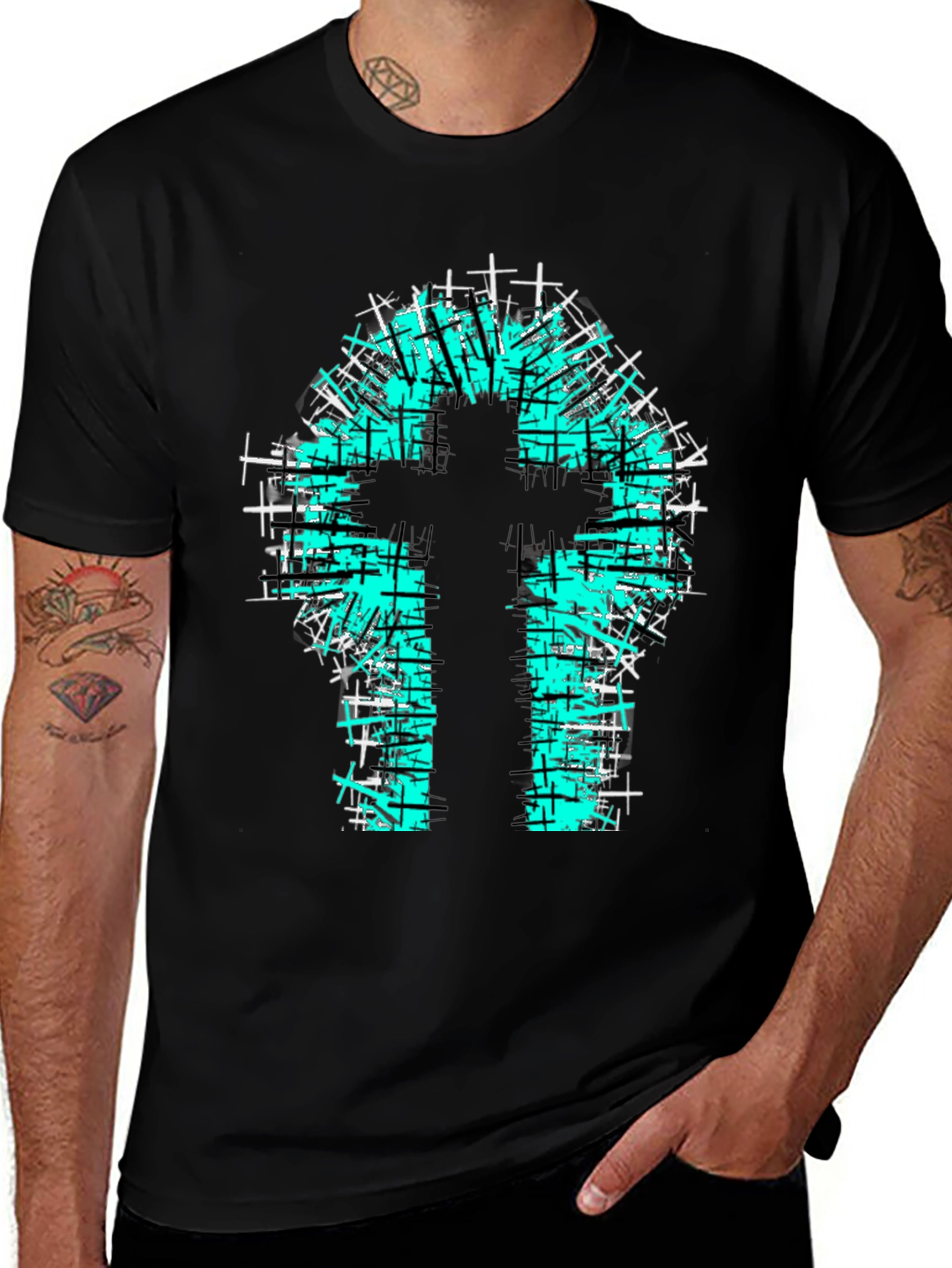 Teal Cross Graphic Print Black T-Shirt