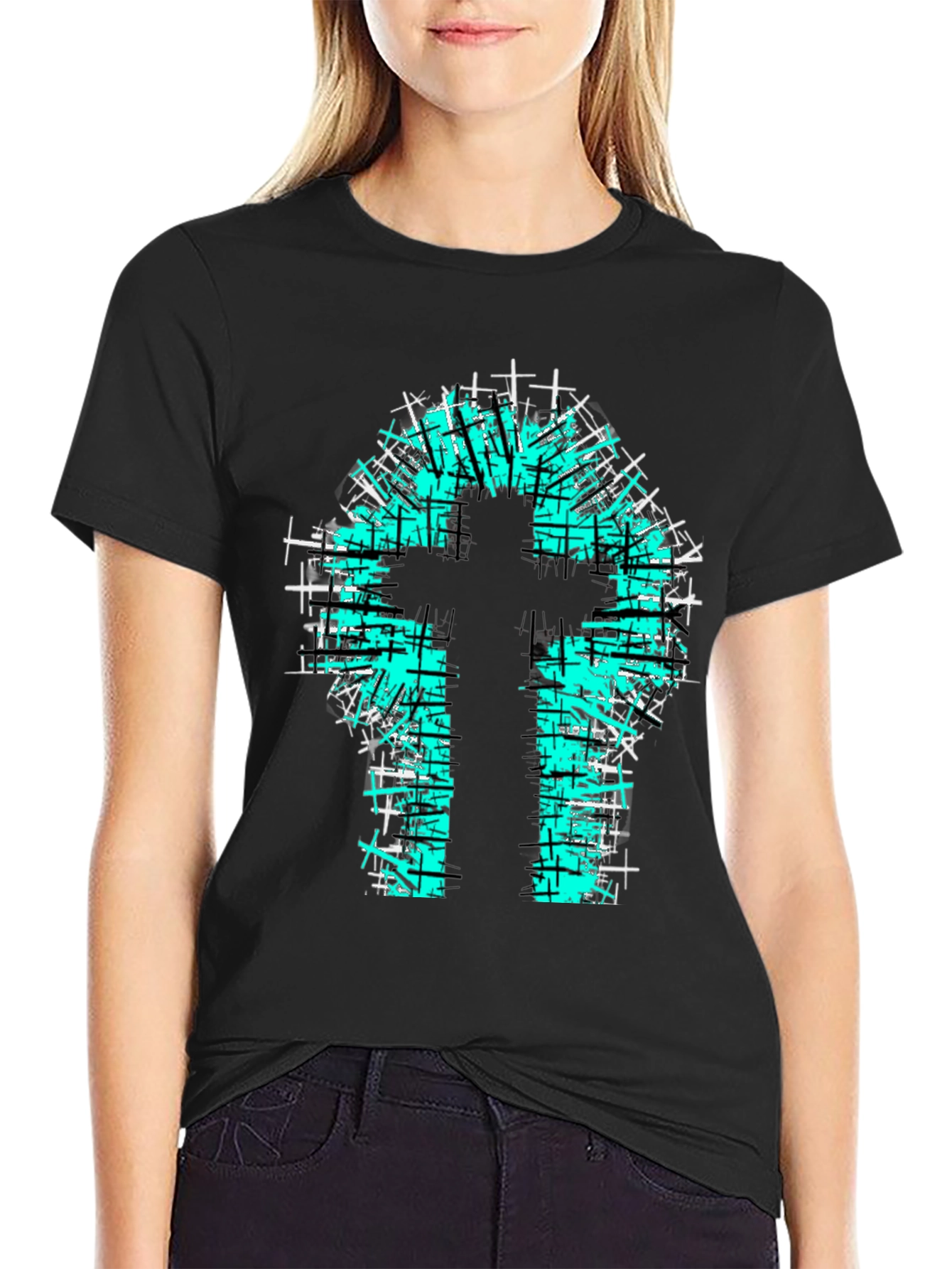 Teal Cross Graphic Print Black T-Shirt
