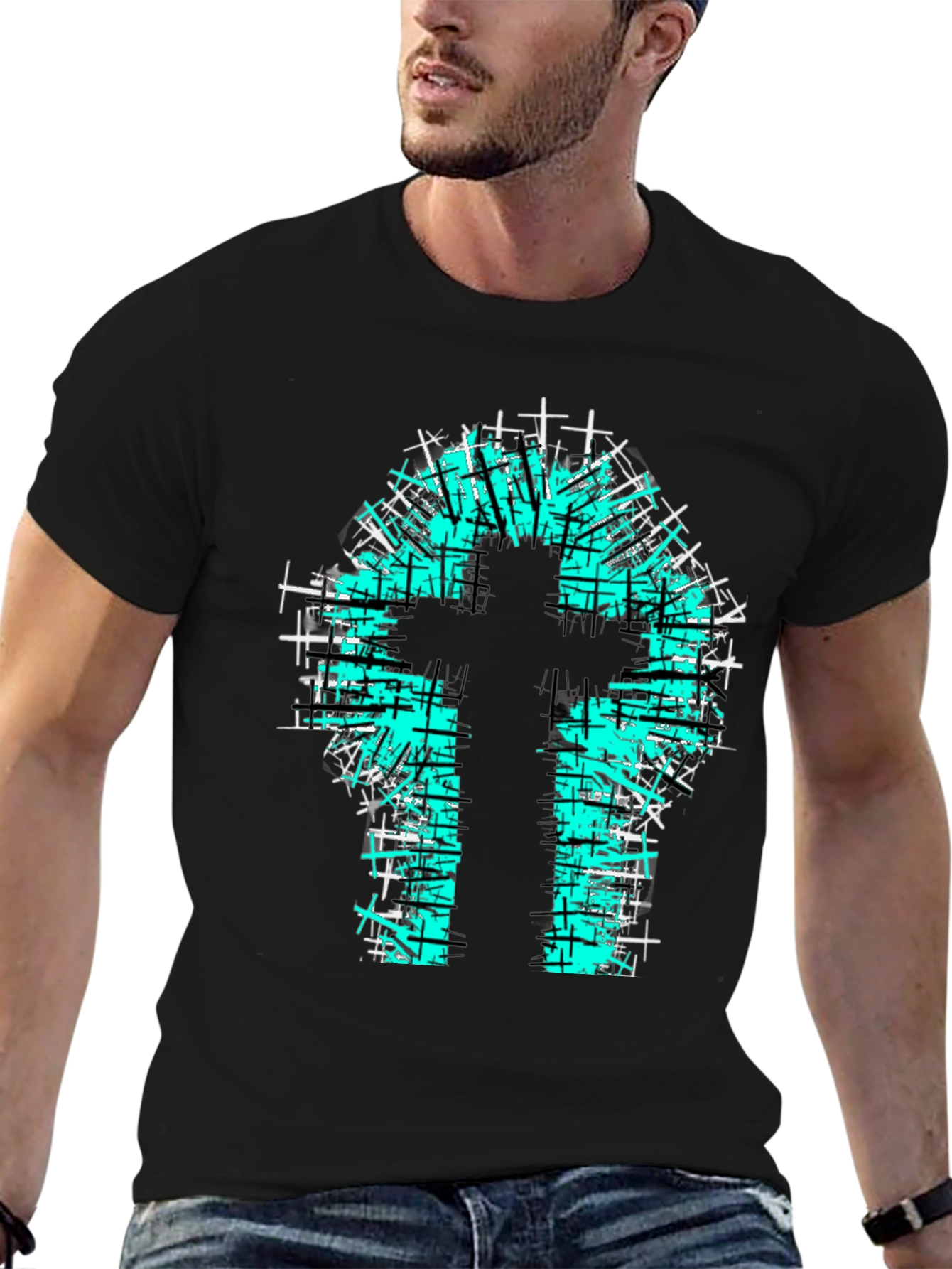 Teal Cross Graphic Print Black T-Shirt