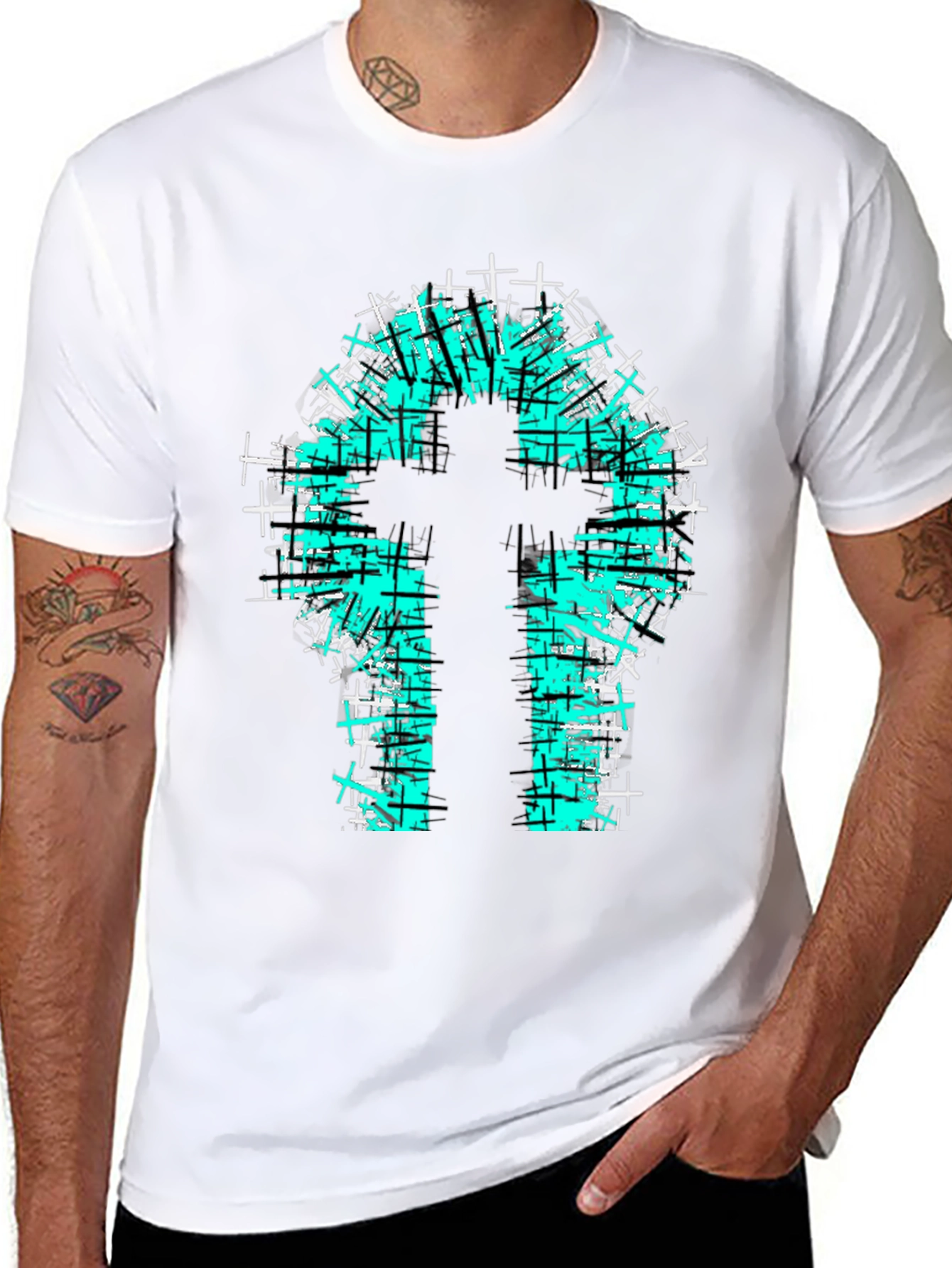 Teal Cross Graphic Print Black T-Shirt