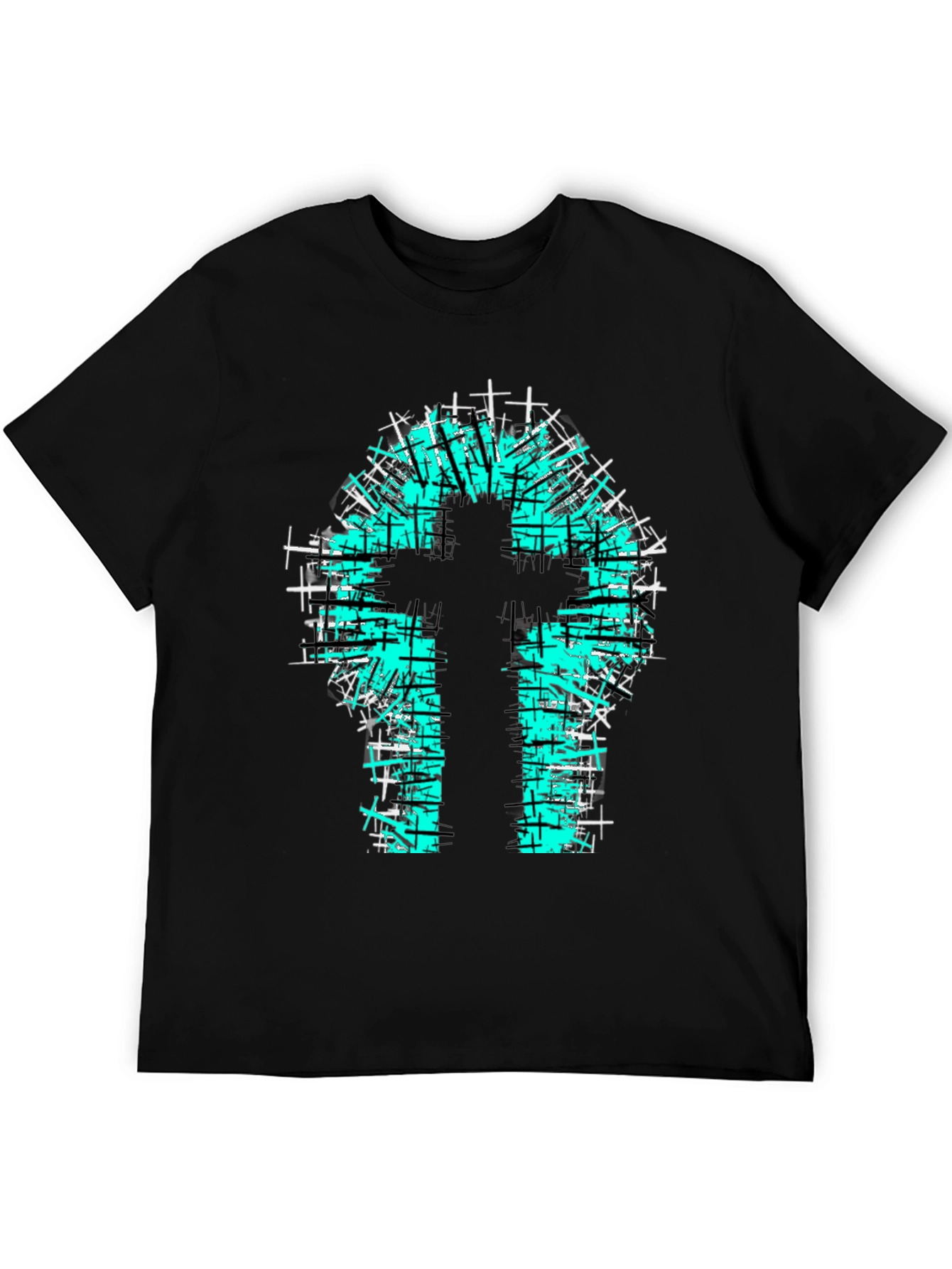Teal Cross Graphic Print Black T-Shirt