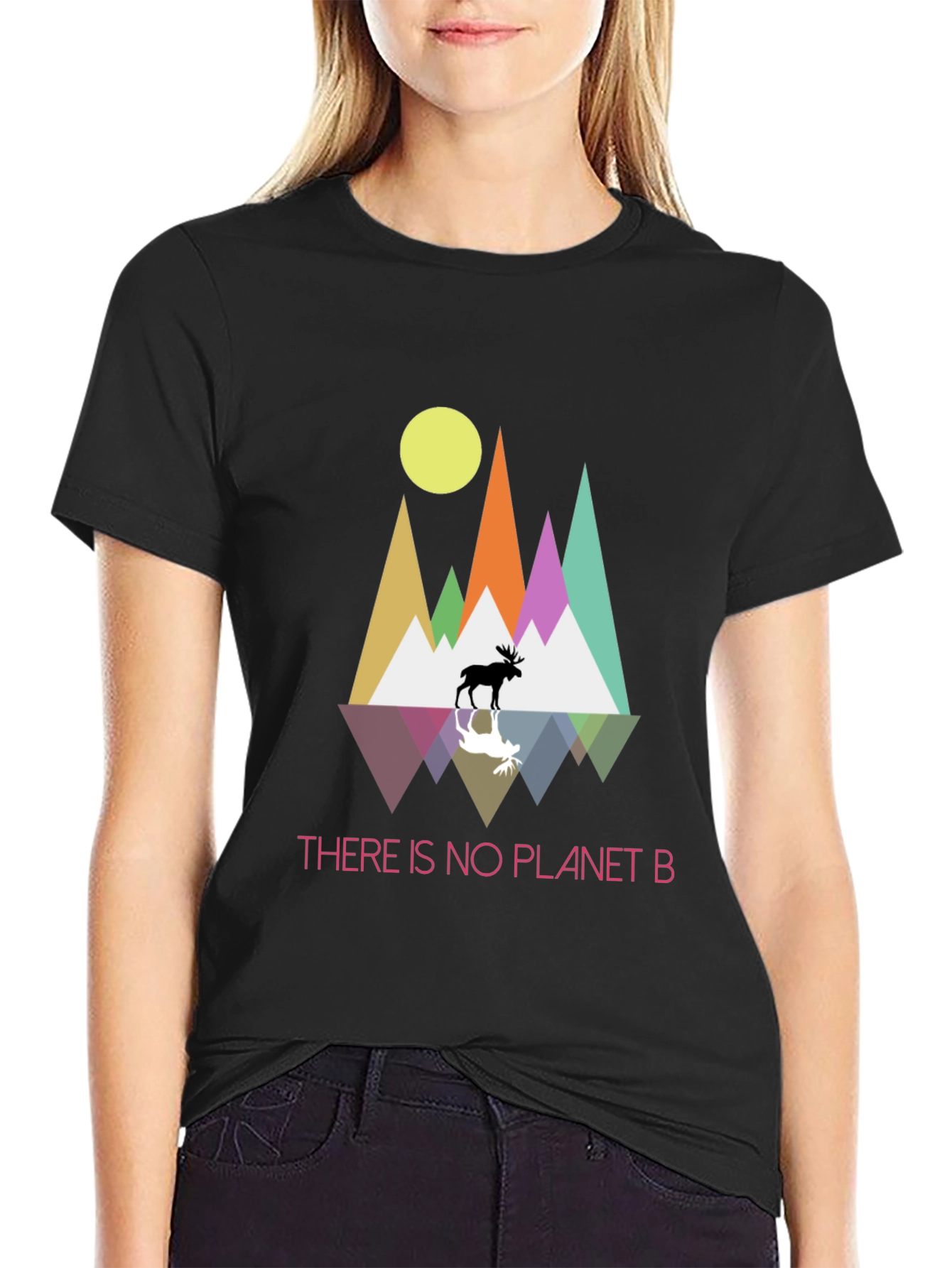 Planet B T-Shirt - Geometric Mountain Scene with Moose
