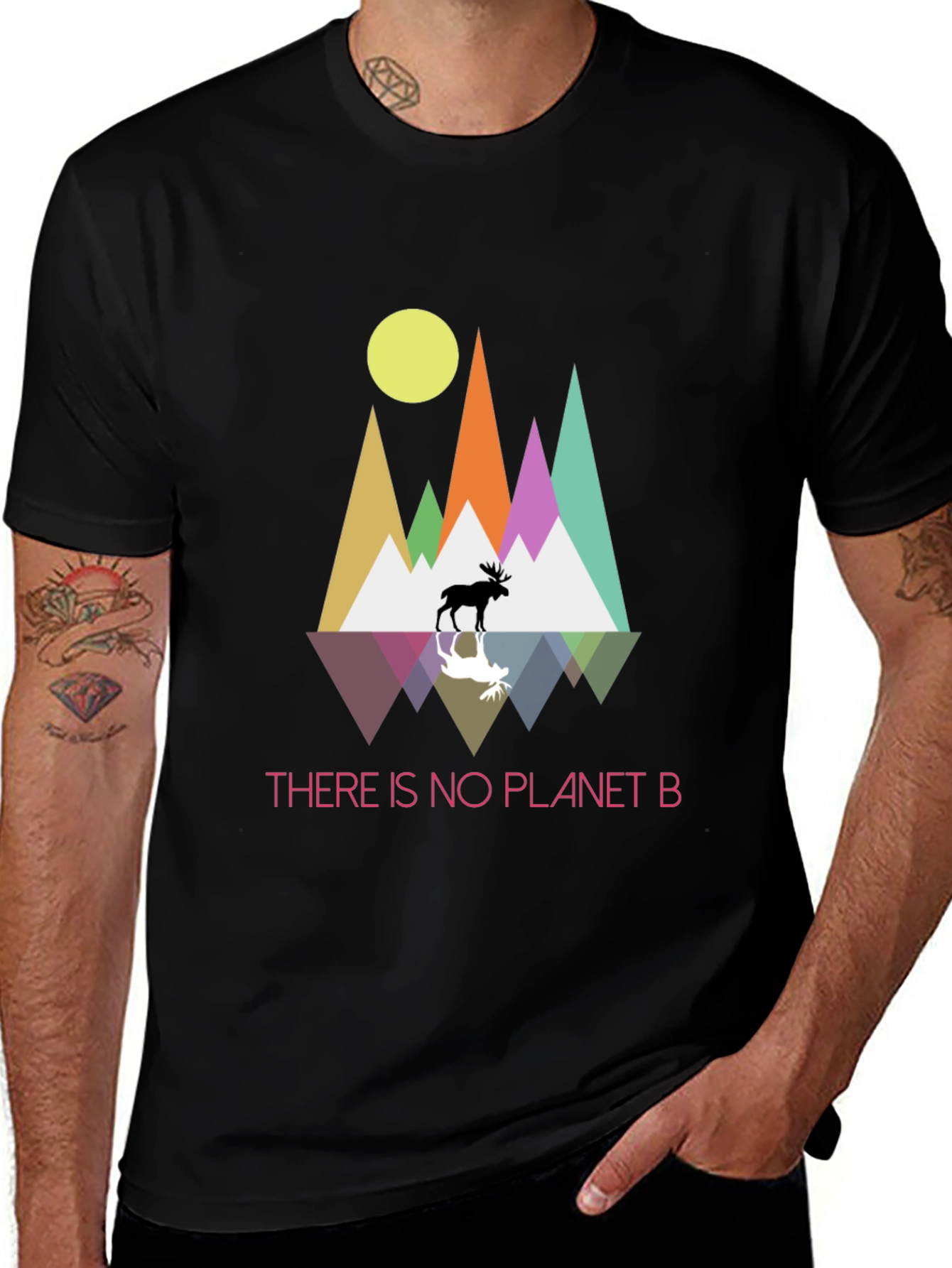 Planet B T-Shirt - Geometric Mountain Scene with Moose