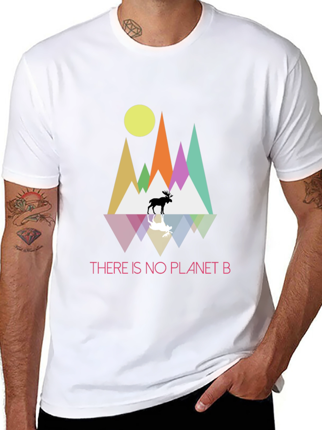 Planet B T-Shirt - Geometric Mountain Scene with Moose